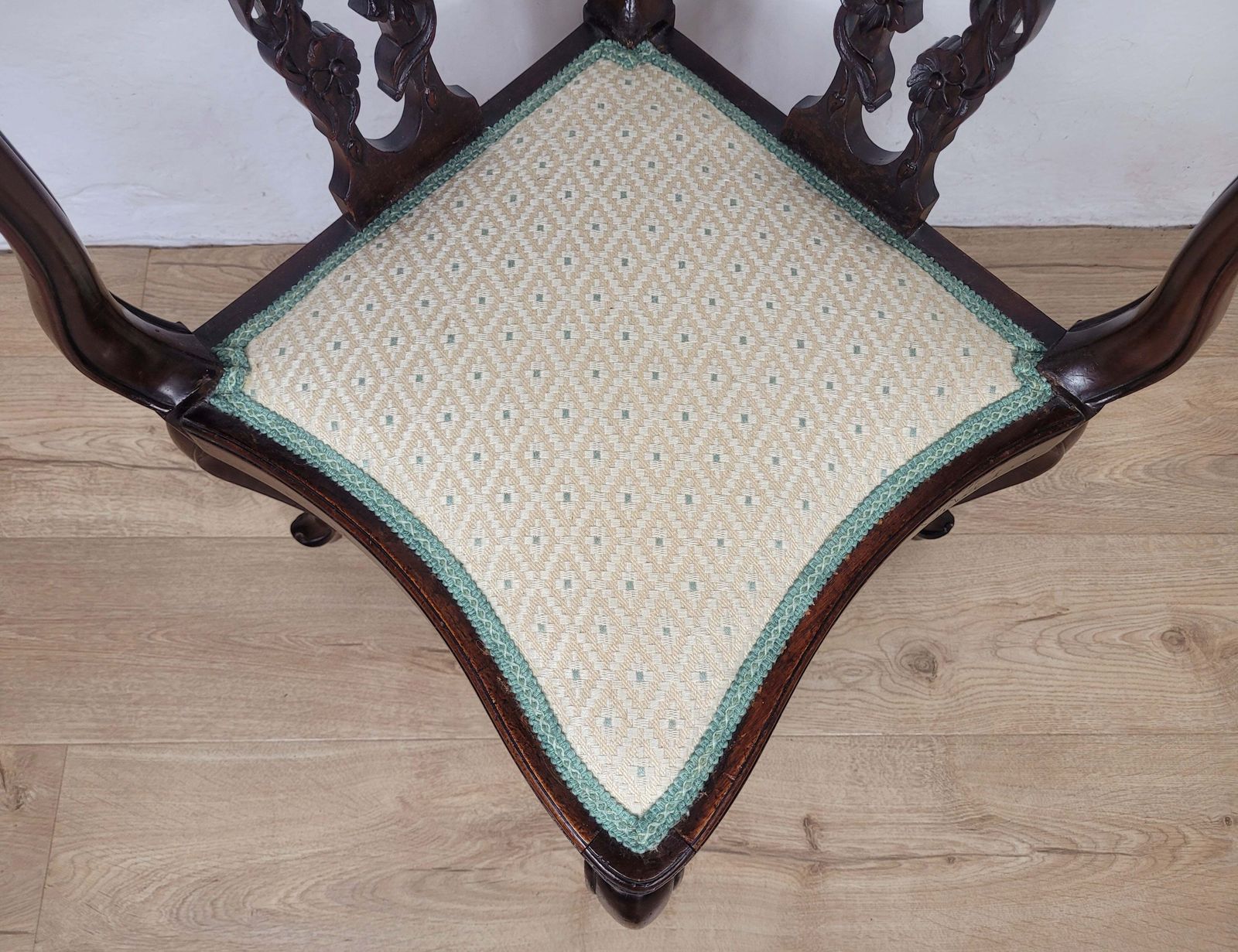 photo for sale Edwardian Corner Chair Carved Ribbon Crest Floral Slat English