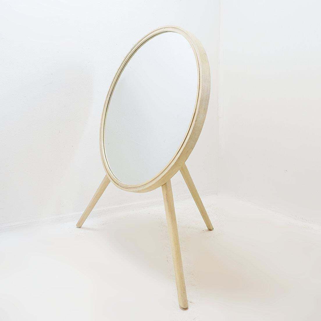 Round Tripod Floor Mirror In Whitewashed Wood: ø 85cm H: 114cm photo 999.0