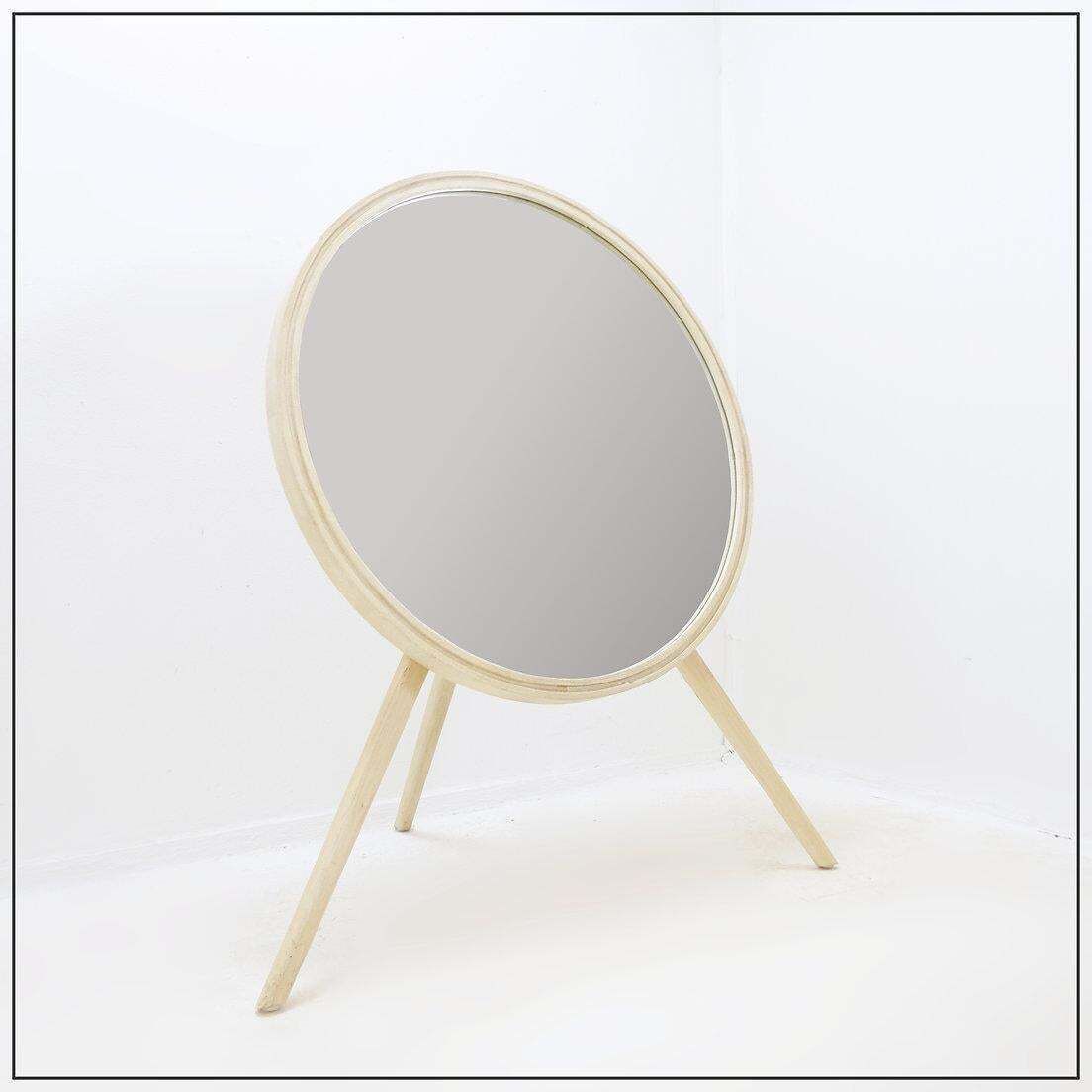 999.0 Round Tripod Floor Mirror In Whitewashed Wood: ø 85cm H: 114cm photo
