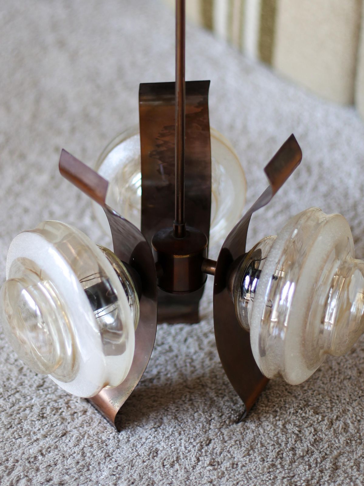 Mid Century Copper And Globe Hanging Light Fixture / Brutalist Copper Glass Sputnik Chandelier / Vintage Pendant Light / Yugoslavia Vintage photo for sale