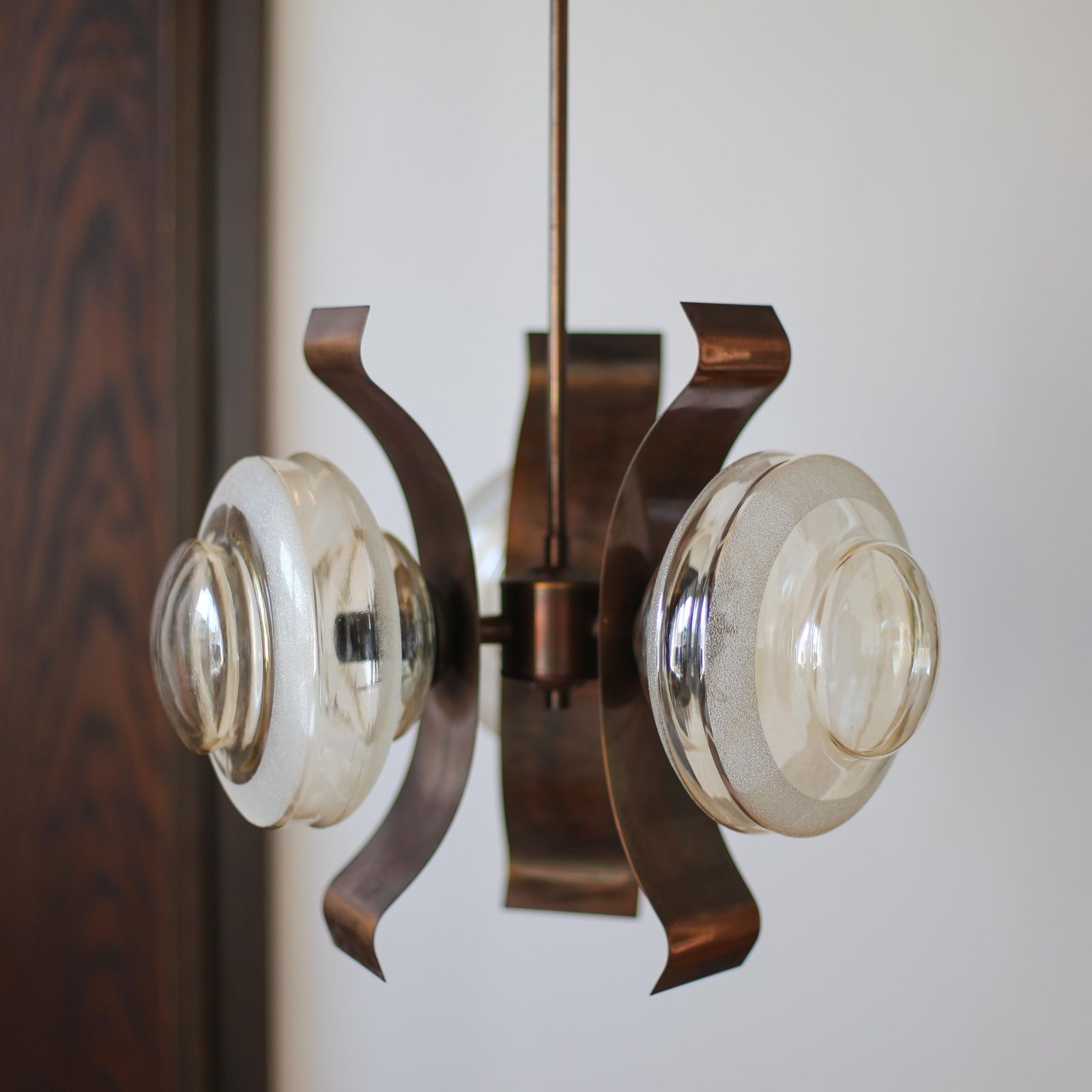 Mid Century Copper And Globe Hanging Light Fixture / Brutalist Copper Glass Sputnik Chandelier / Vintage Pendant Light / Yugoslavia Vintage photo Lighting