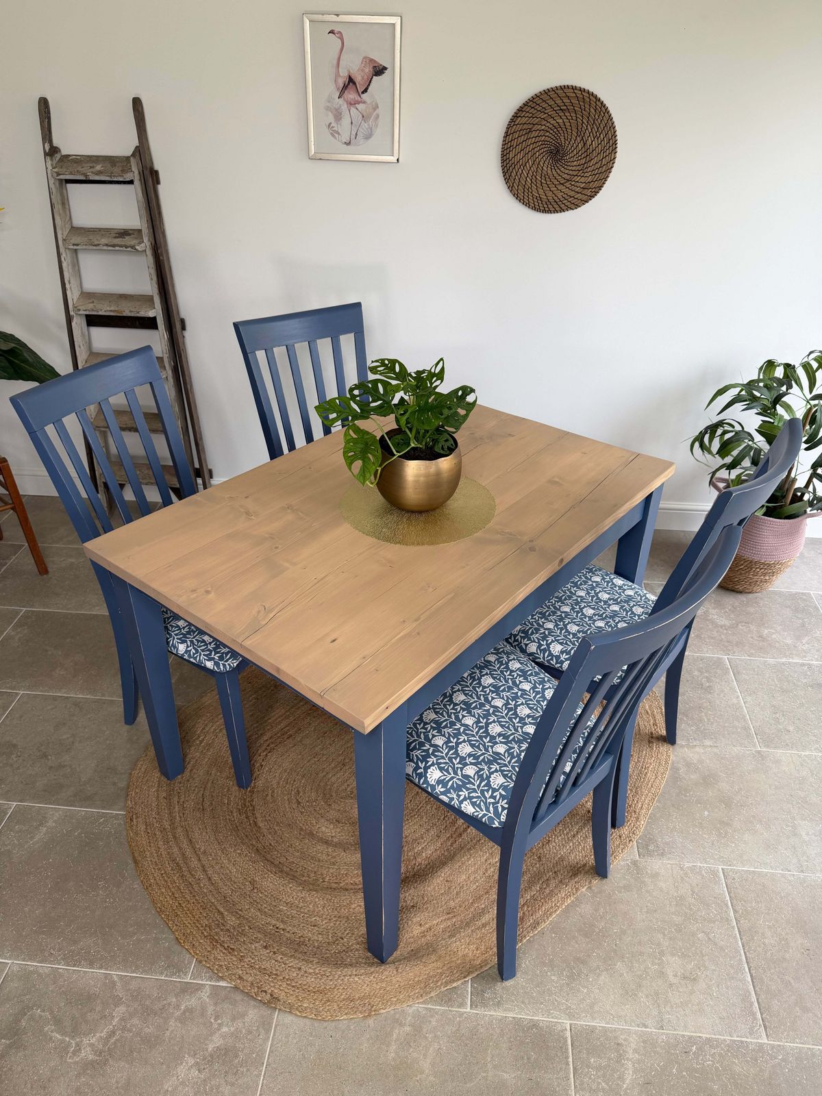 4 Seater Rustic Dining Table And Chairs Painted Blue With Patterned Fabric Cushioned Seats photo 725.0