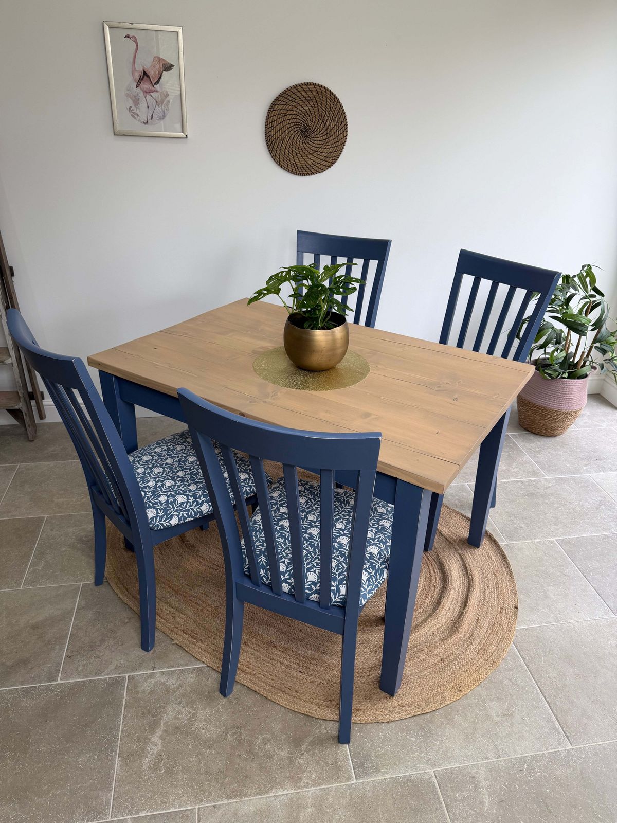 4 Seater Rustic Dining Table And Chairs Painted Blue With Patterned Fabric Cushioned Seats photo vinterior