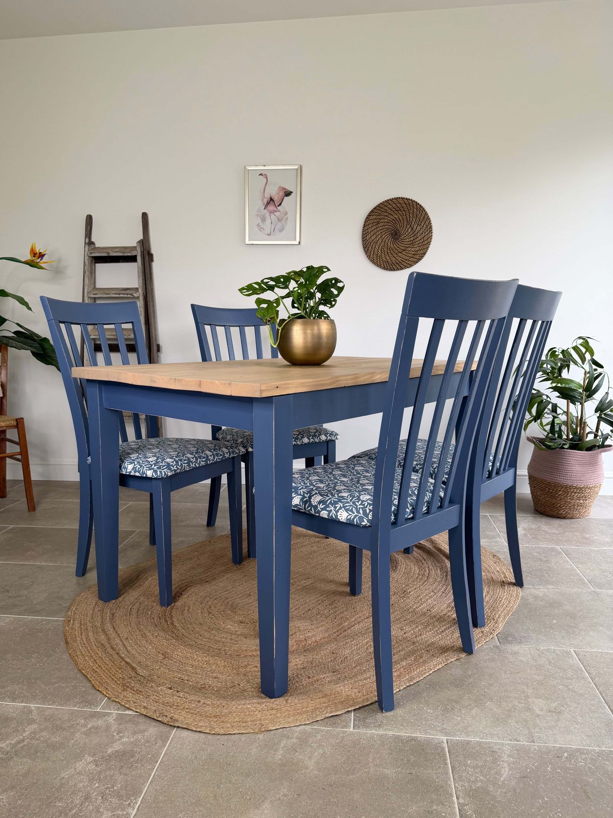 4 Seater Rustic Dining Table And Chairs Painted Blue With Patterned Fabric Cushioned Seats photo buy