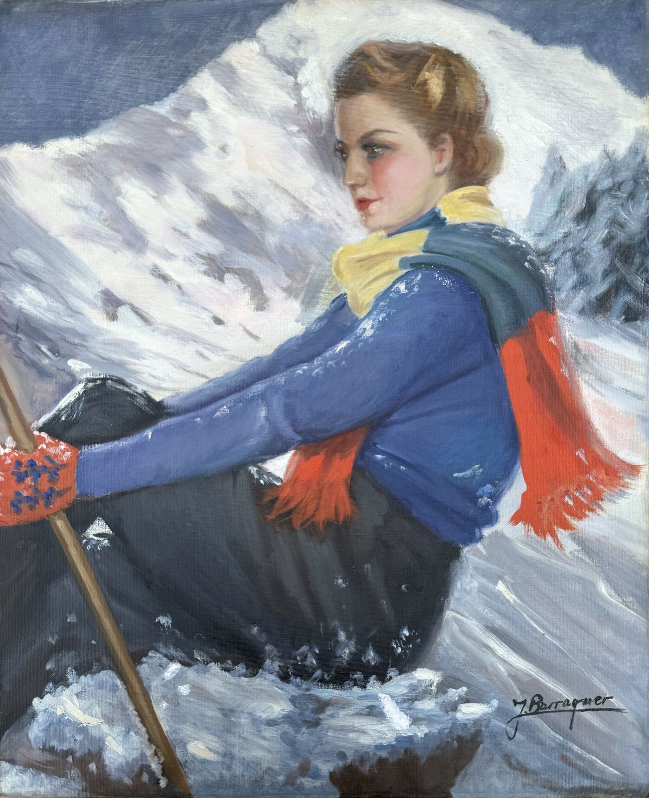 Elegant Female Skier Portrait Alpine Scene Circa 1930s European School Barcelona 1930s