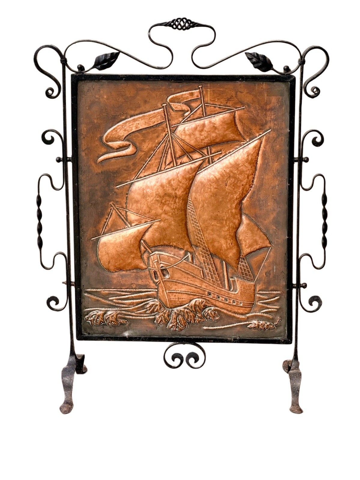 Arts & Crafts Newlyn School Wrought Iron & Copper Repousse Galleon Fire Screen