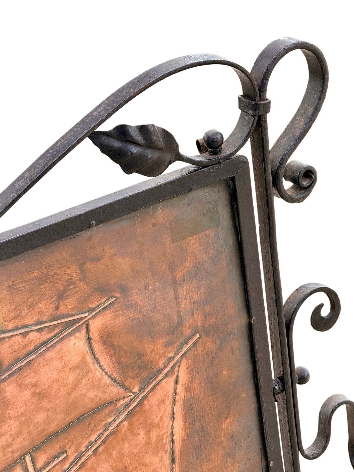 Arts & Crafts Newlyn School Wrought Iron & Copper Repousse Galleon Fire Screen photo 485.0
