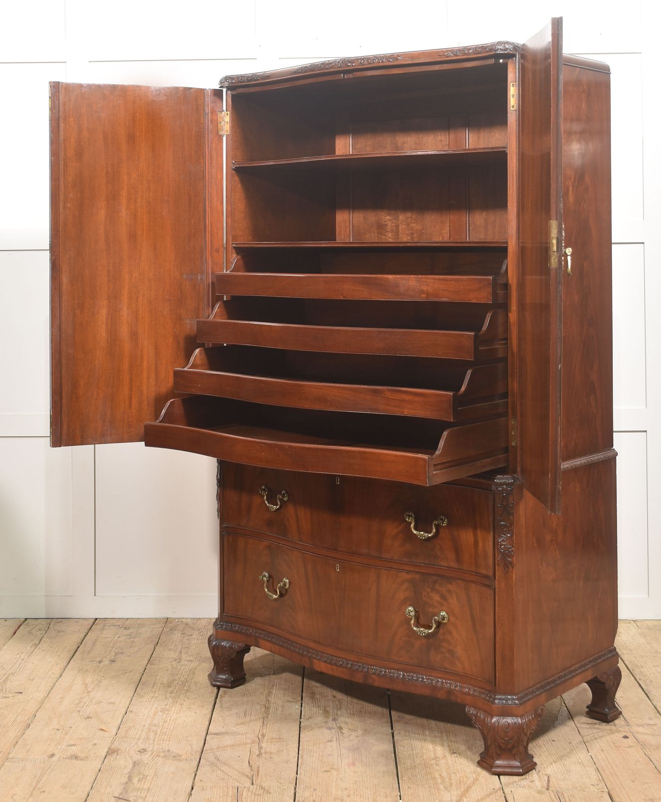Figured Mahogany Tallboy Linen Press With Carved Detail photo for sale