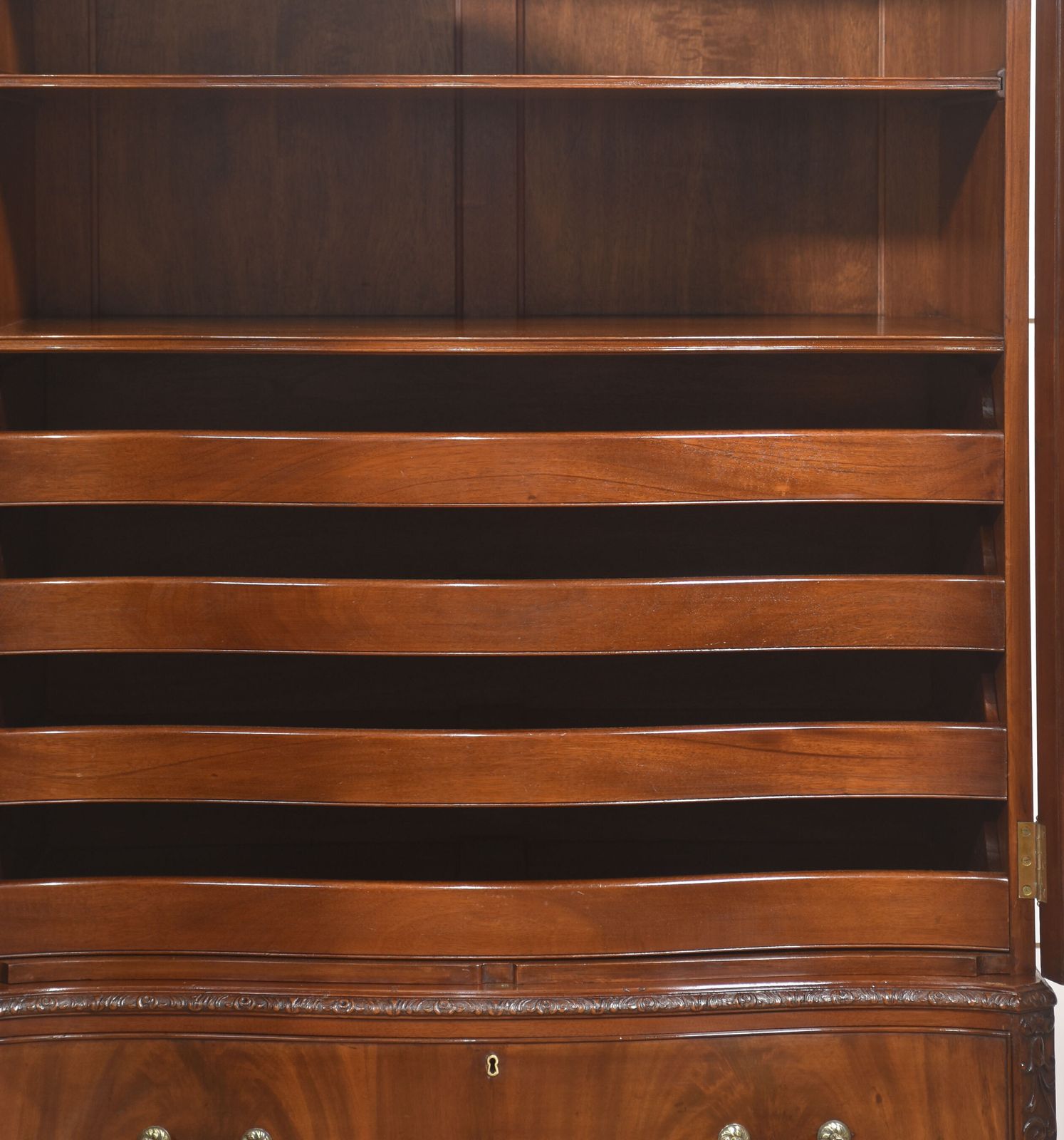 photo buy Figured Mahogany Tallboy Linen Press With Carved Detail