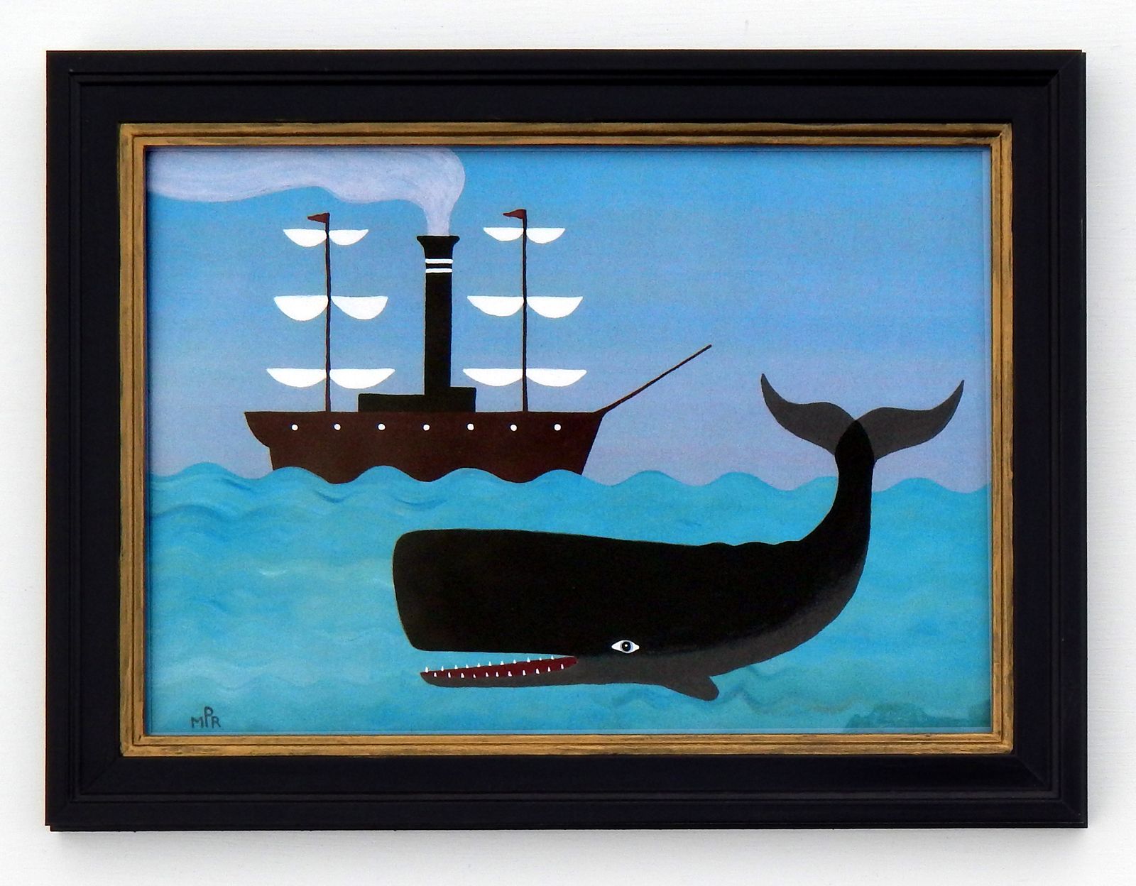 Naive Maritime Sperm Whale Folk Art Print With Early Steamship And Hand Painted Black Frame By Matt Rix