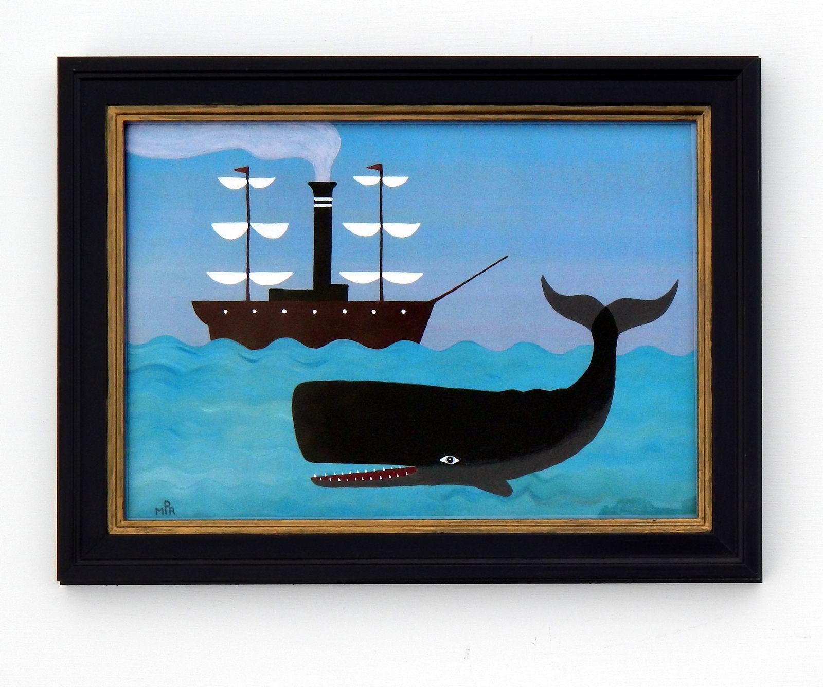 Naive Maritime Sperm Whale Folk Art Print With Early Steamship And Hand Painted Black Frame By Matt Rix photo furniture