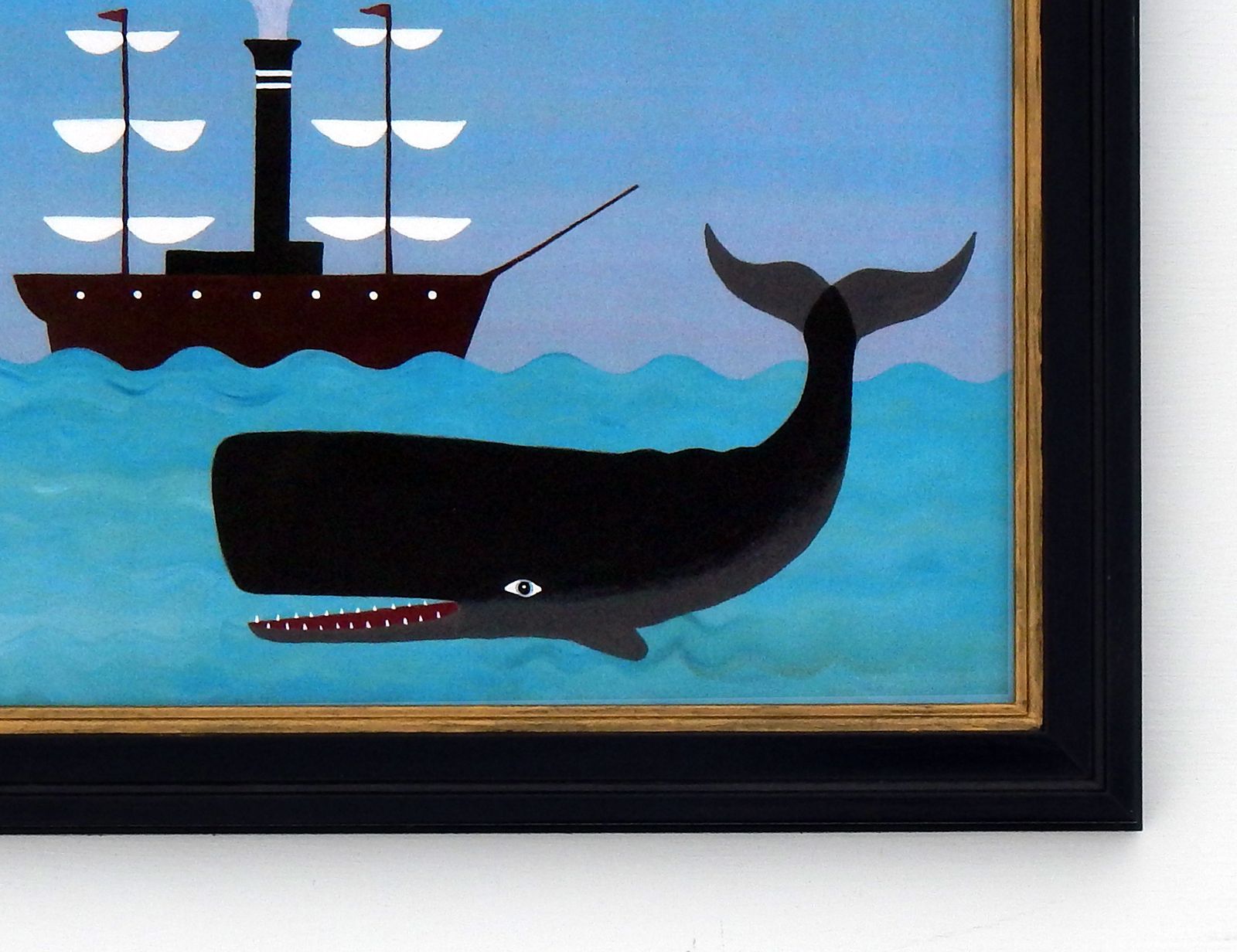 Naive Maritime Sperm Whale Folk Art Print With Early Steamship And Hand Painted Black Frame By Matt Rix photo for sale