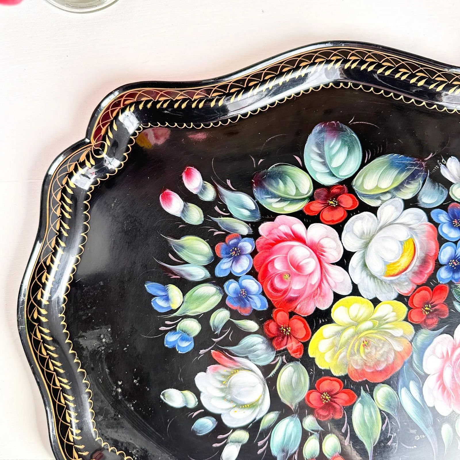 Zhostovo Folk Art Metal Tray Hand Painted Floral Vintage photo Home Decor