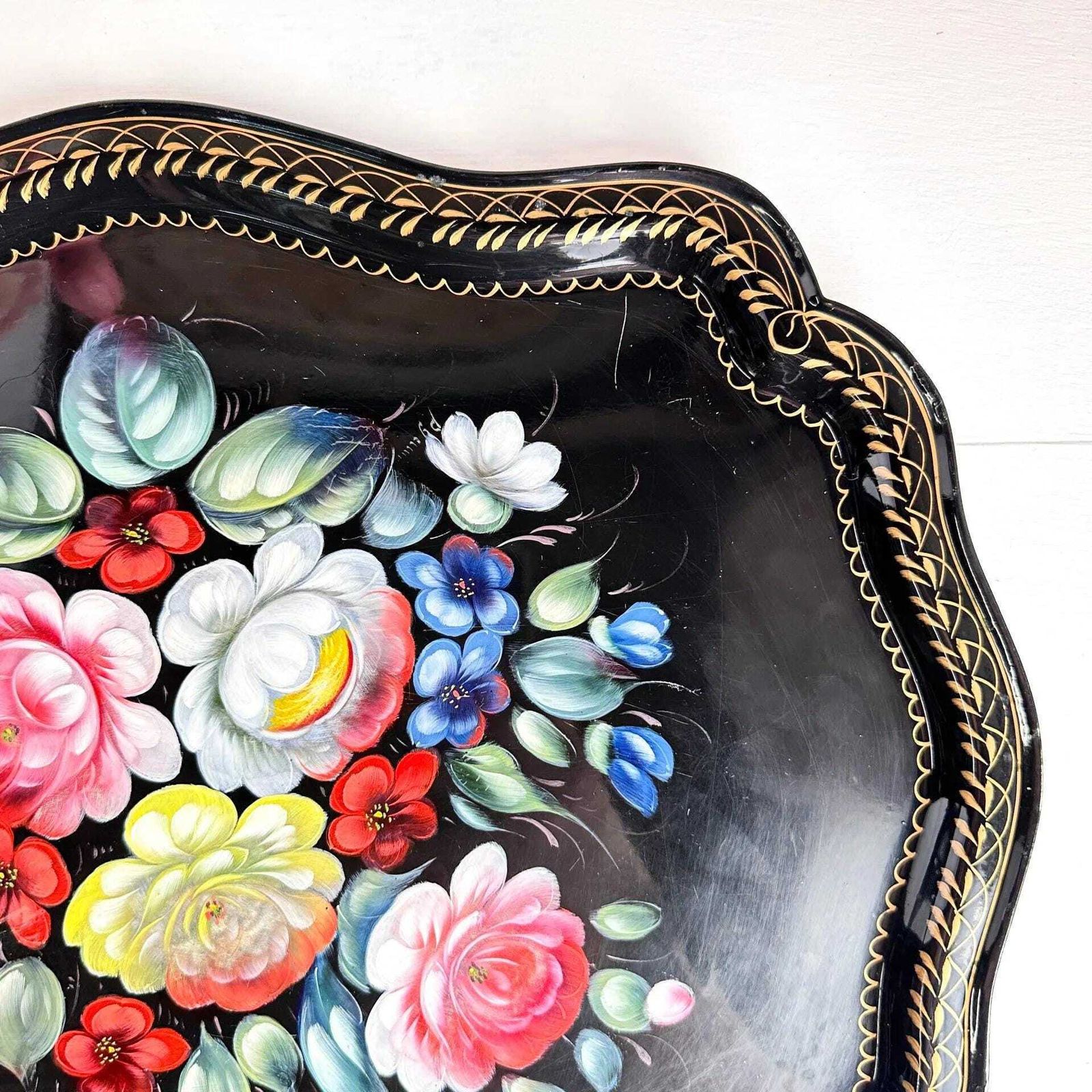 photo for sale Zhostovo Folk Art Metal Tray Hand Painted Floral Vintage