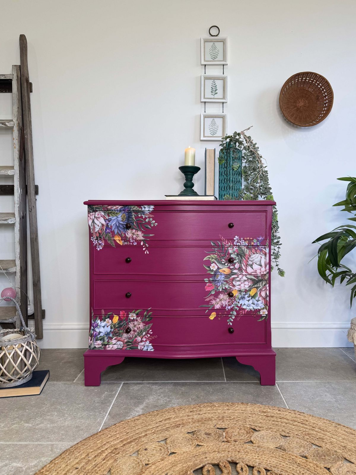 Bright Pink And Floral Vintage Bow Fronted Chest Of Drawers