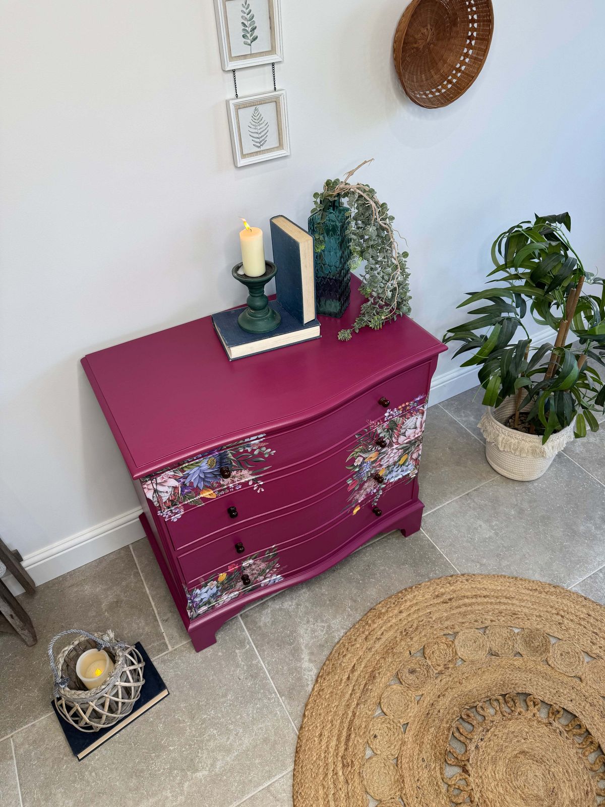 Bright Pink And Floral Vintage Bow Fronted Chest Of Drawers photo buy