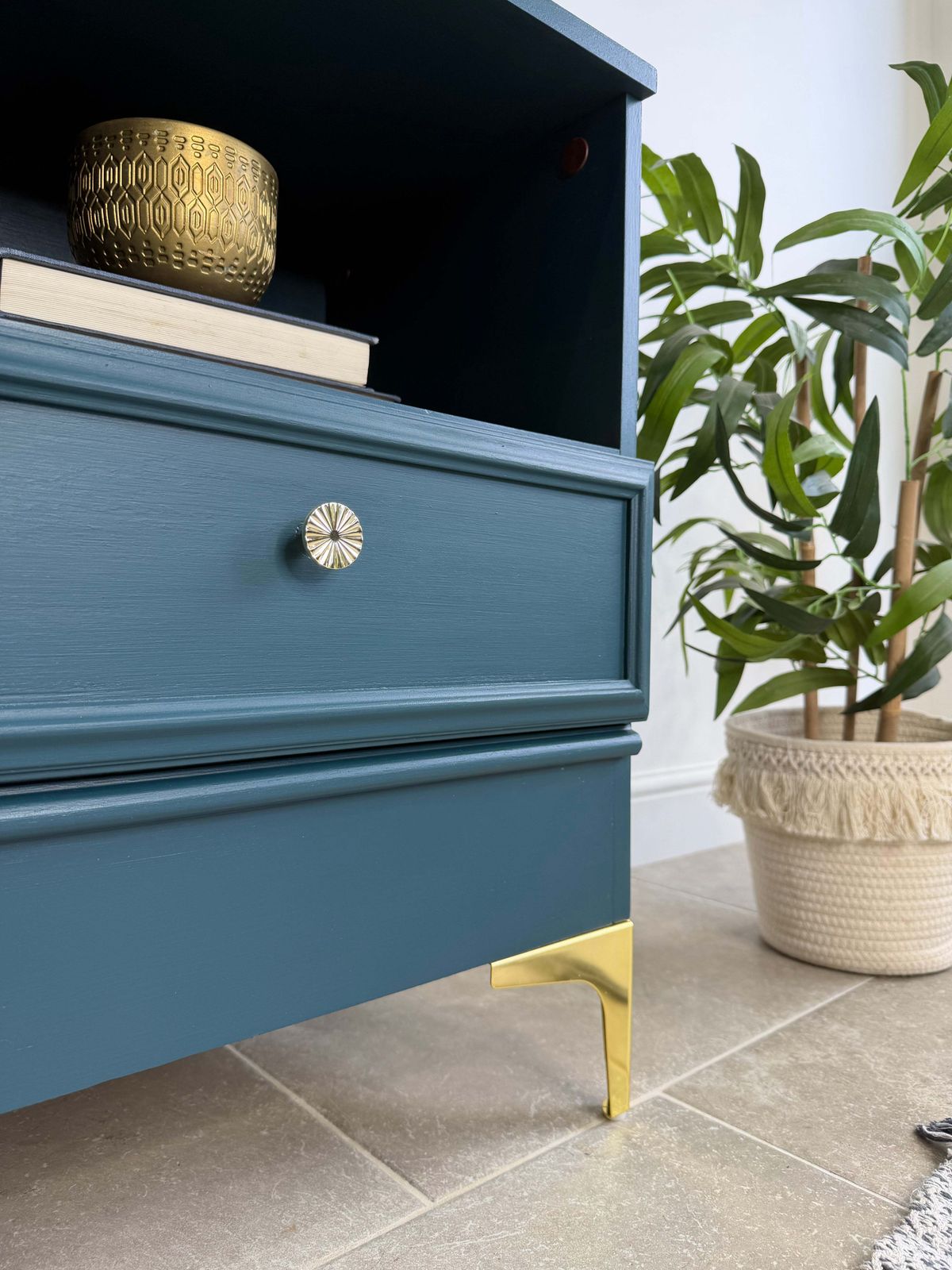 Modern Retro Style Pair Of Matching Bedside Tables Painted Blue And Gold photo Furniture