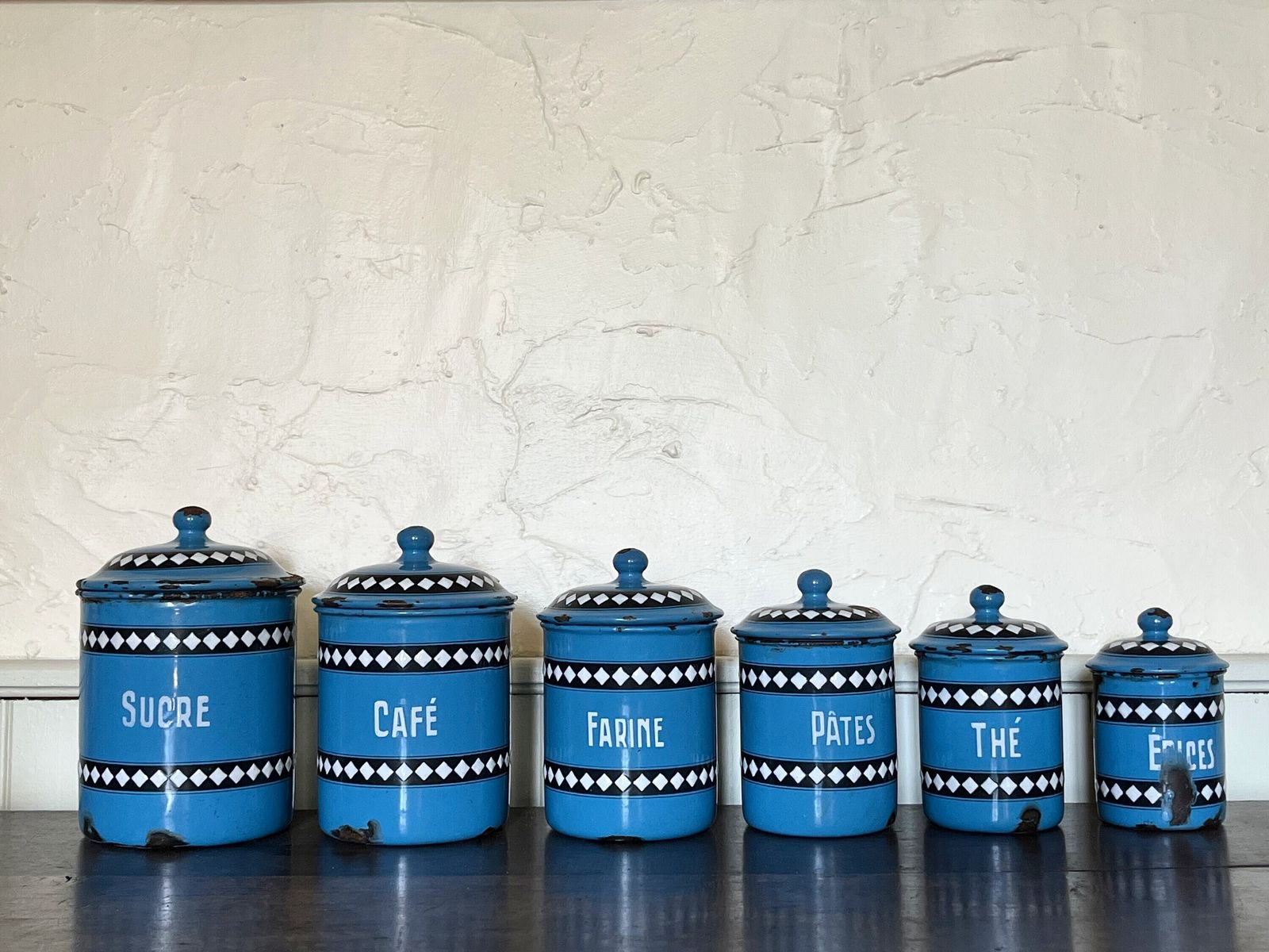 6 boîtes de cuisine d'époque en émail français, Duco Bgb photo vinterior