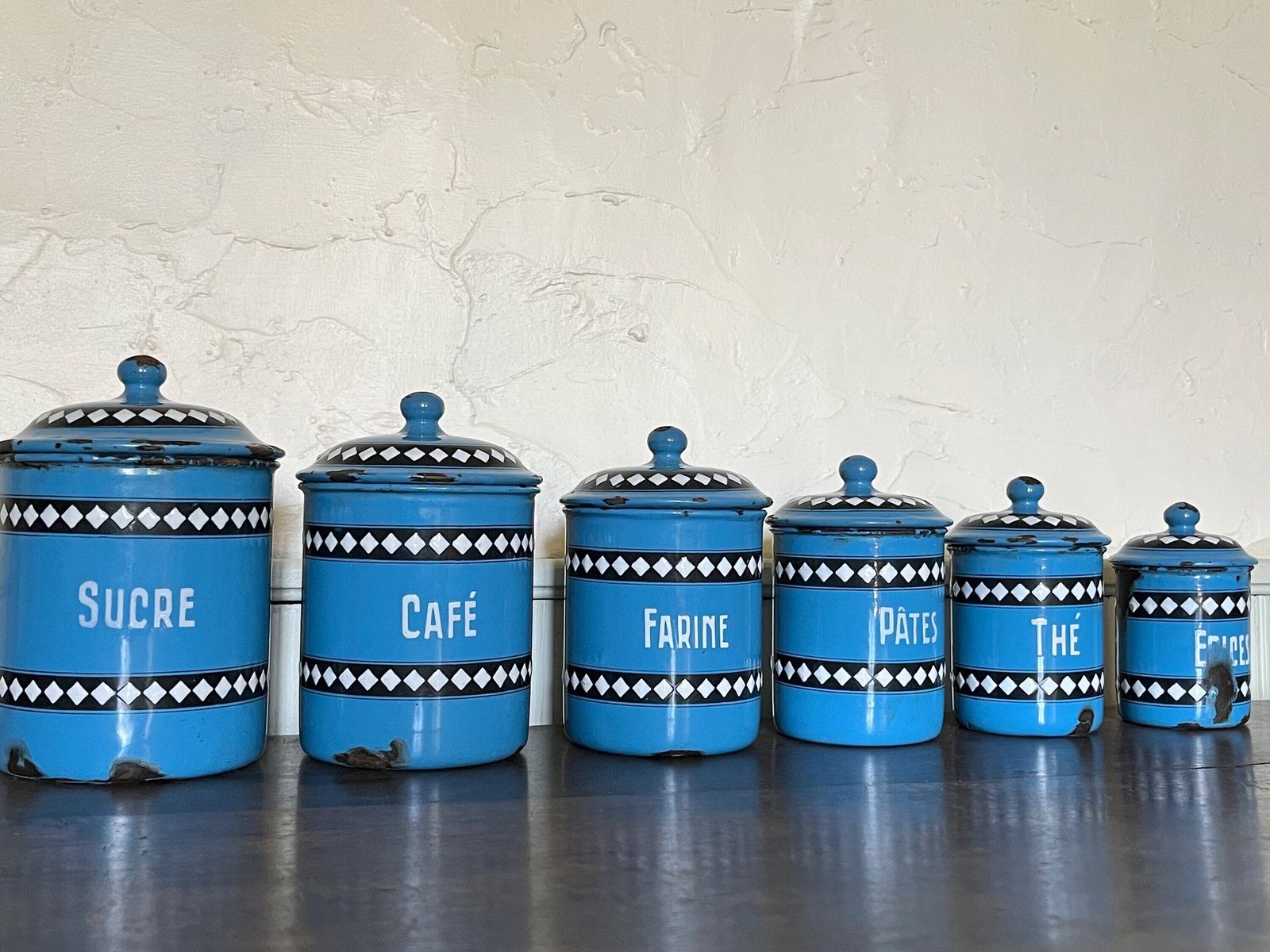 6 boîtes de cuisine d'époque en émail français, Duco Bgb photo vintage