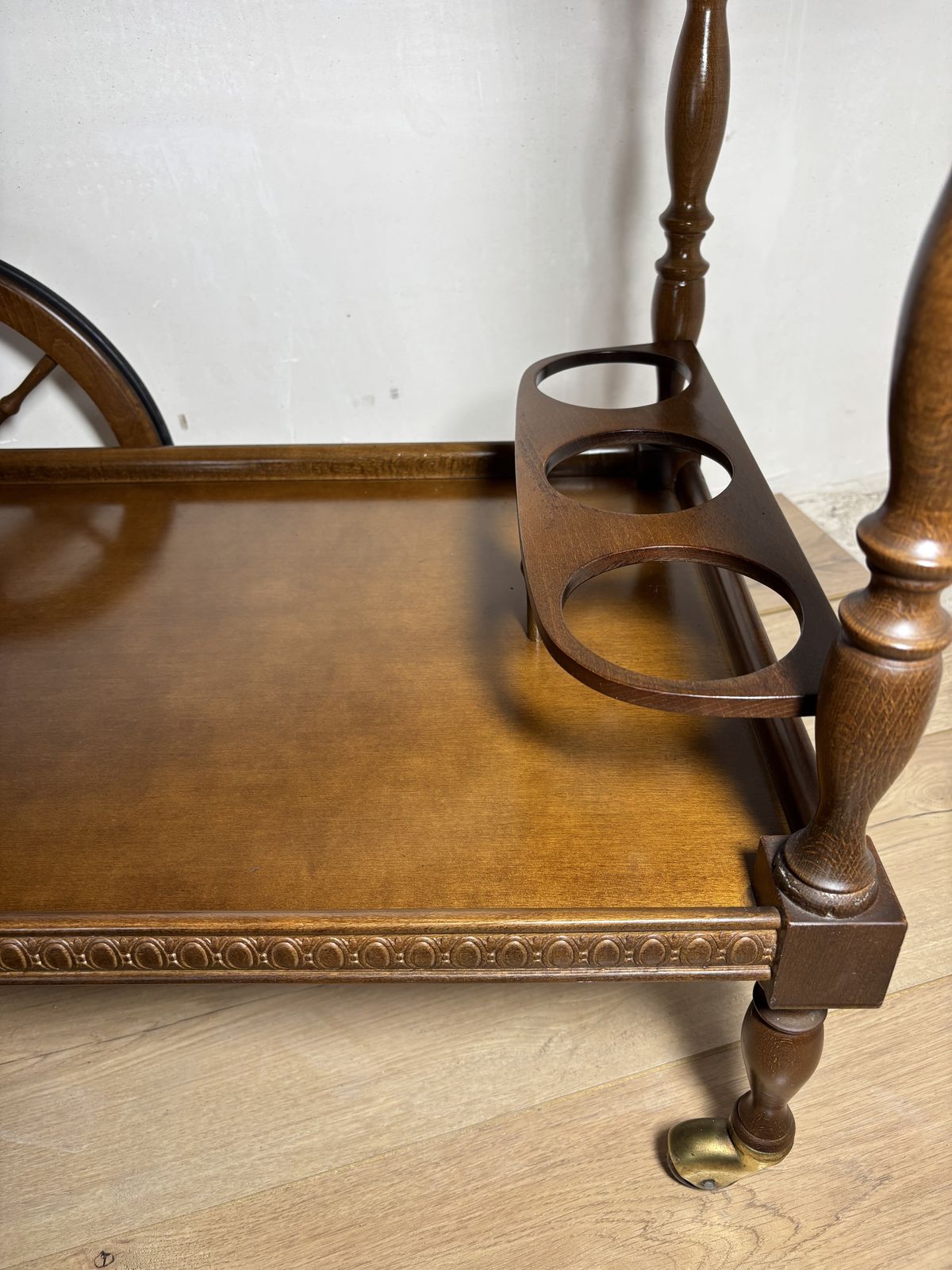 Spanish Mid Century Wooden Bar Cart With Turned Legs And Bottle Holder photo for sale