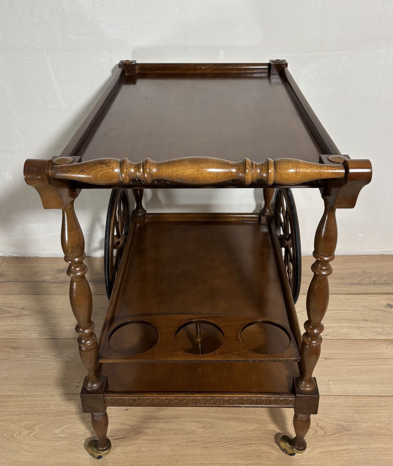 Spanish Mid Century Wooden Bar Cart With Turned Legs And Bottle Holder photo buy