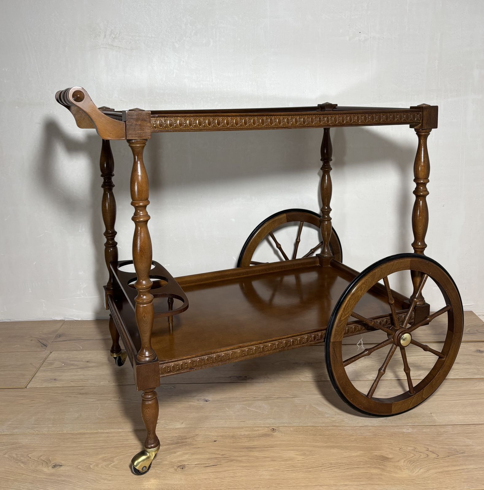 Spanish Mid Century Wooden Bar Cart With Turned Legs And Bottle Holder photo vintage