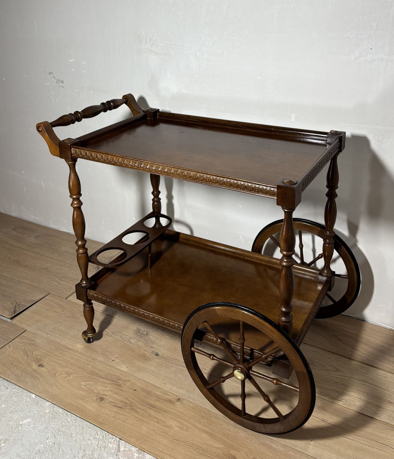 photo vinterior Spanish Mid Century Wooden Bar Cart With Turned Legs And Bottle Holder
