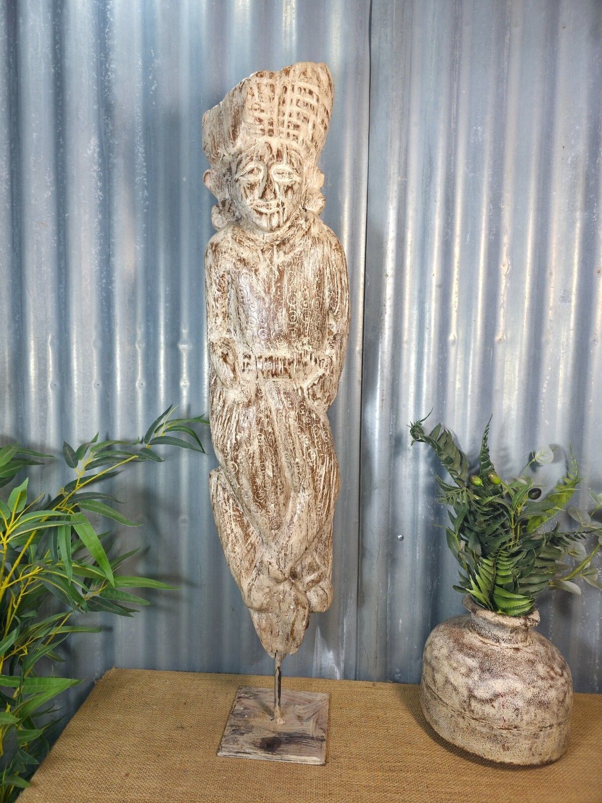 Vintage Rustic Wabi Sabi Hand Carved Indian Wooden Statue Sculpture On Stand photo furniture
