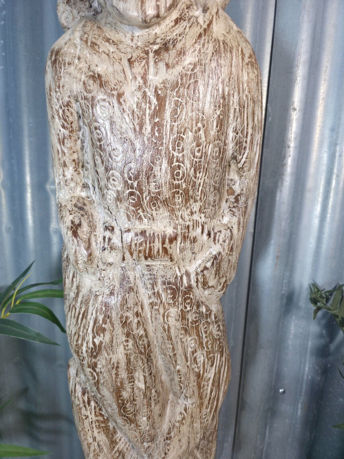 Vintage Rustic Wabi Sabi Hand Carved Indian Wooden Statue Sculpture On Stand photo Art