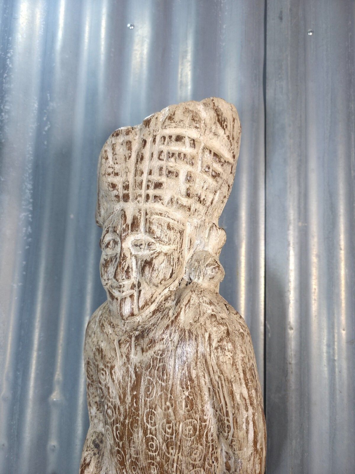 photo furniture Vintage Rustic Wabi Sabi Hand Carved Indian Wooden Statue Sculpture On Stand