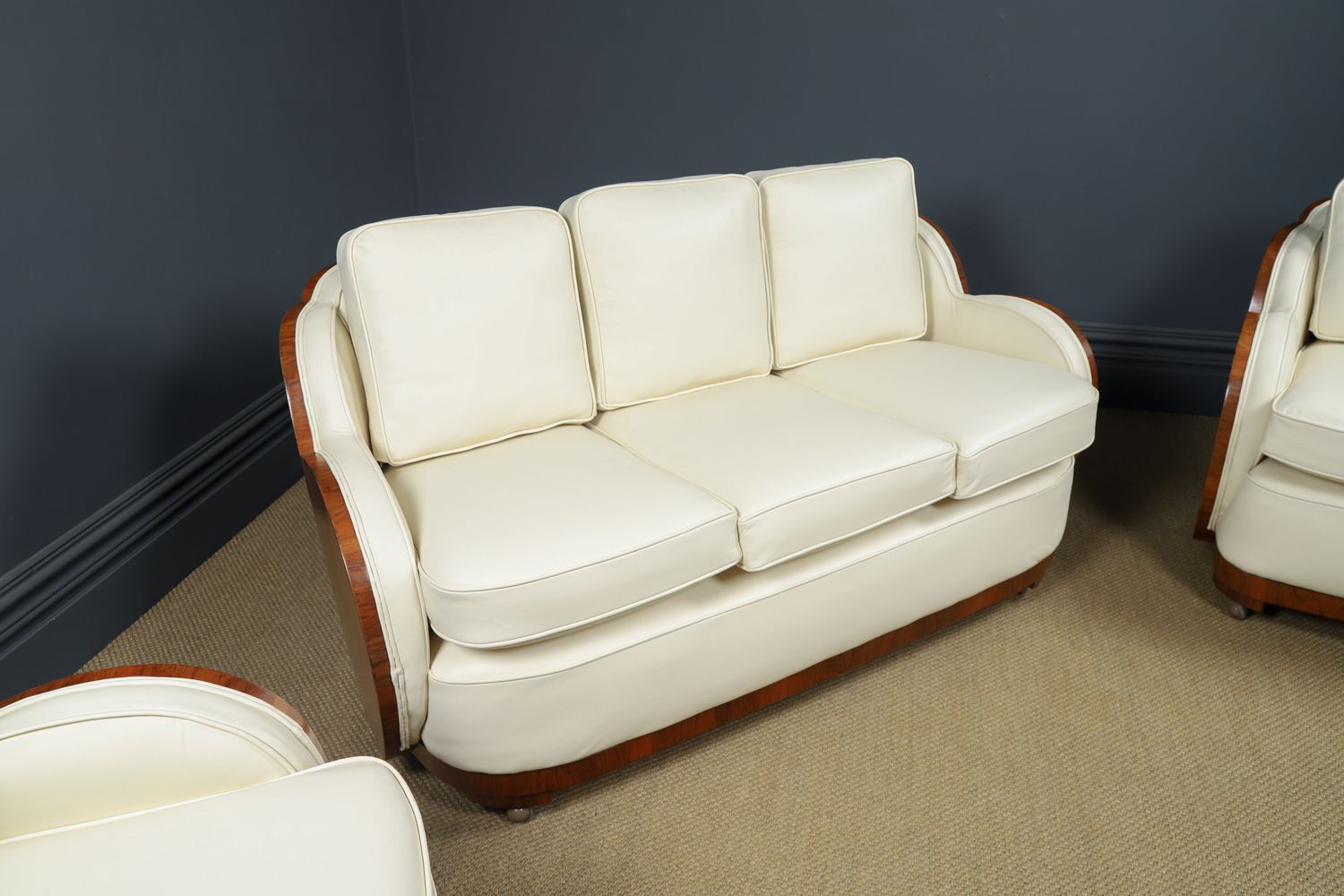 English Art Deco Three Piece Walnut & Leather Cloud Shape   Pair Of Armchairs & Sofa Couch (Circa 1930) photo buy