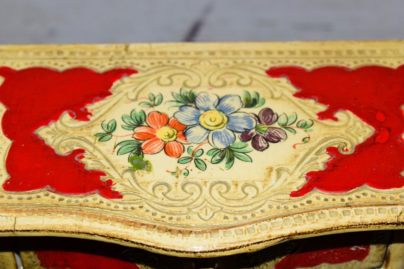 Furniture Mid Century Florentine Red & Gilt Jewelry Chest In Louis XV Style photo