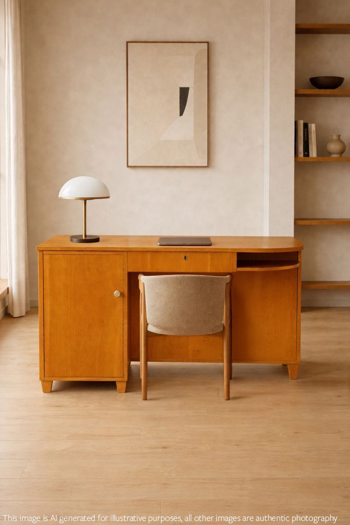 Swedish Desk In Elm With Cupboard & Shelves On Reverse C.1940 photo vinterior