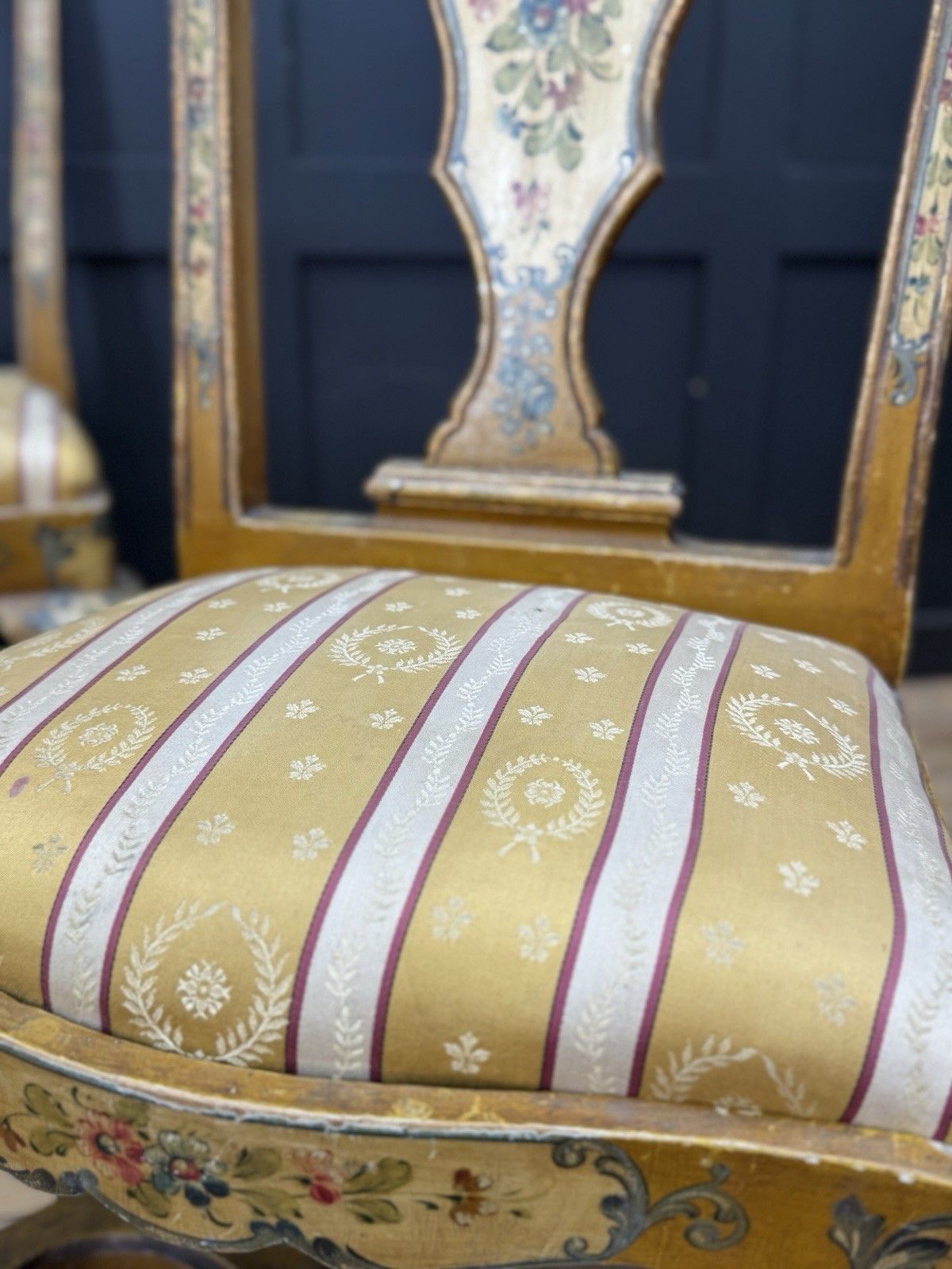 Antique Pair Italian Polychrome Painted Dining Chairs Accent Chairs Venetian photo vinterior