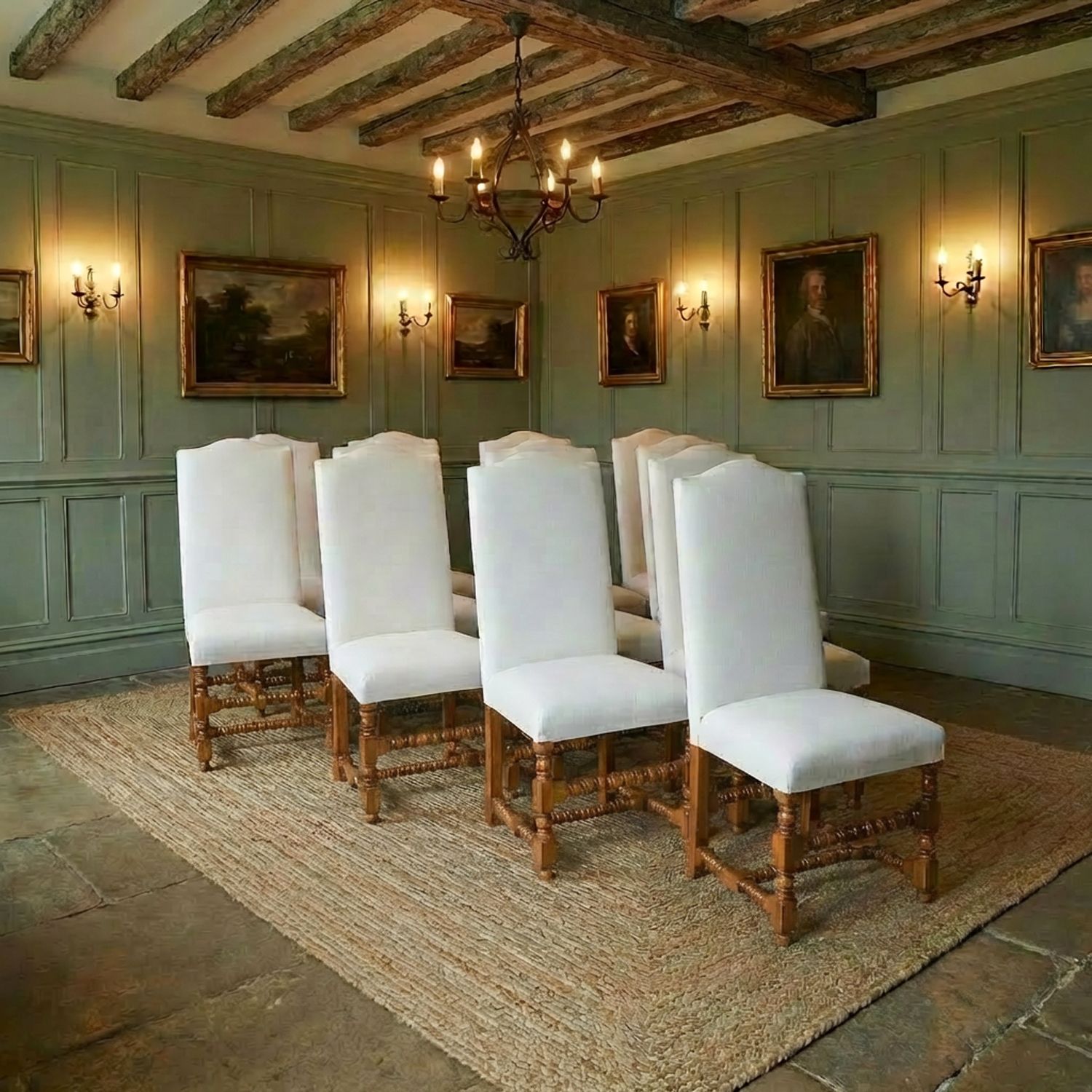 English 17th Century Style Set Of Ten 10 Oak Upholstered High Back Kitchen Dining Chairs (Circa 1980)