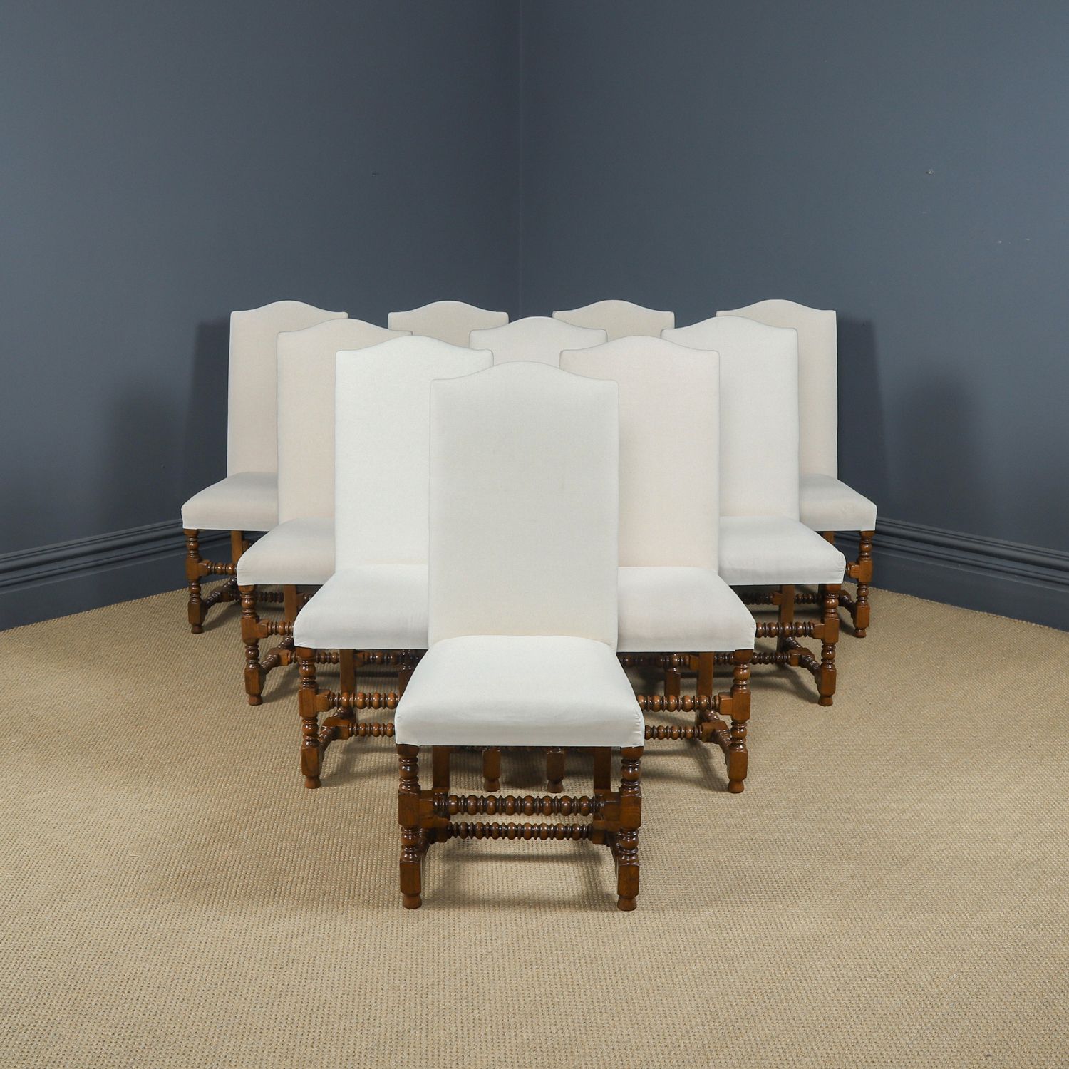 English 17th Century Style Set Of Ten 10 Oak Upholstered High Back Kitchen Dining Chairs (Circa 1980) photo Furniture
