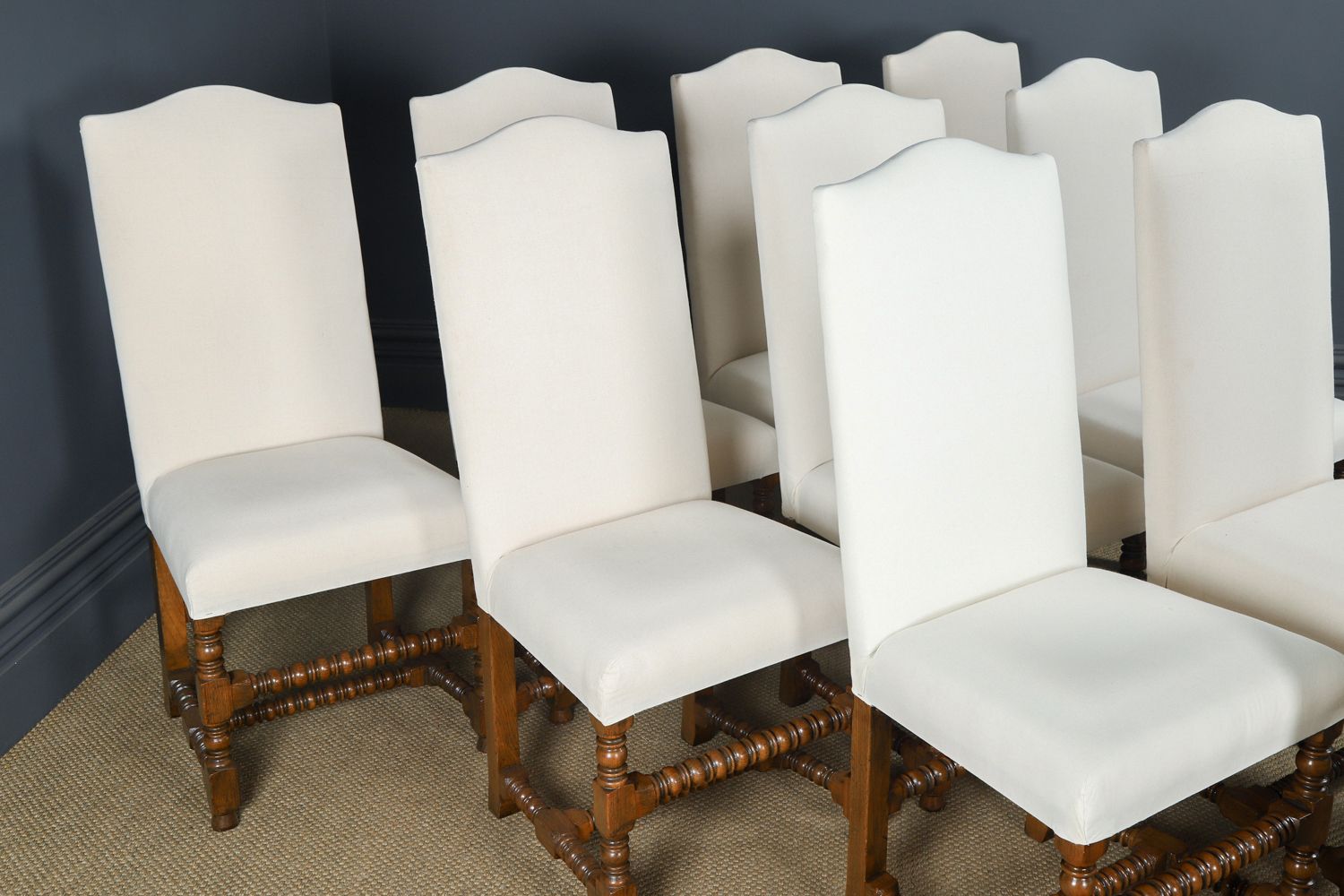 English 17th Century Style Set Of Ten 10 Oak Upholstered High Back Kitchen Dining Chairs (Circa 1980) photo buy