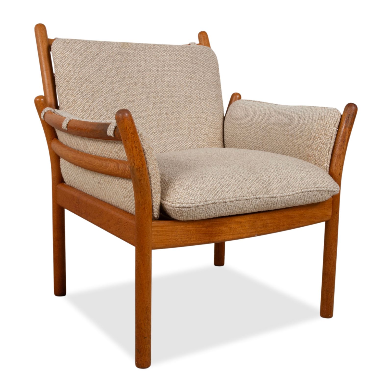1975 Cfc Silkeborg Genius Teak Wood Armchair By Illum Wikkelsø Brown With Grey Fabric Upholstery (Pondus 5) Danish Mid Century