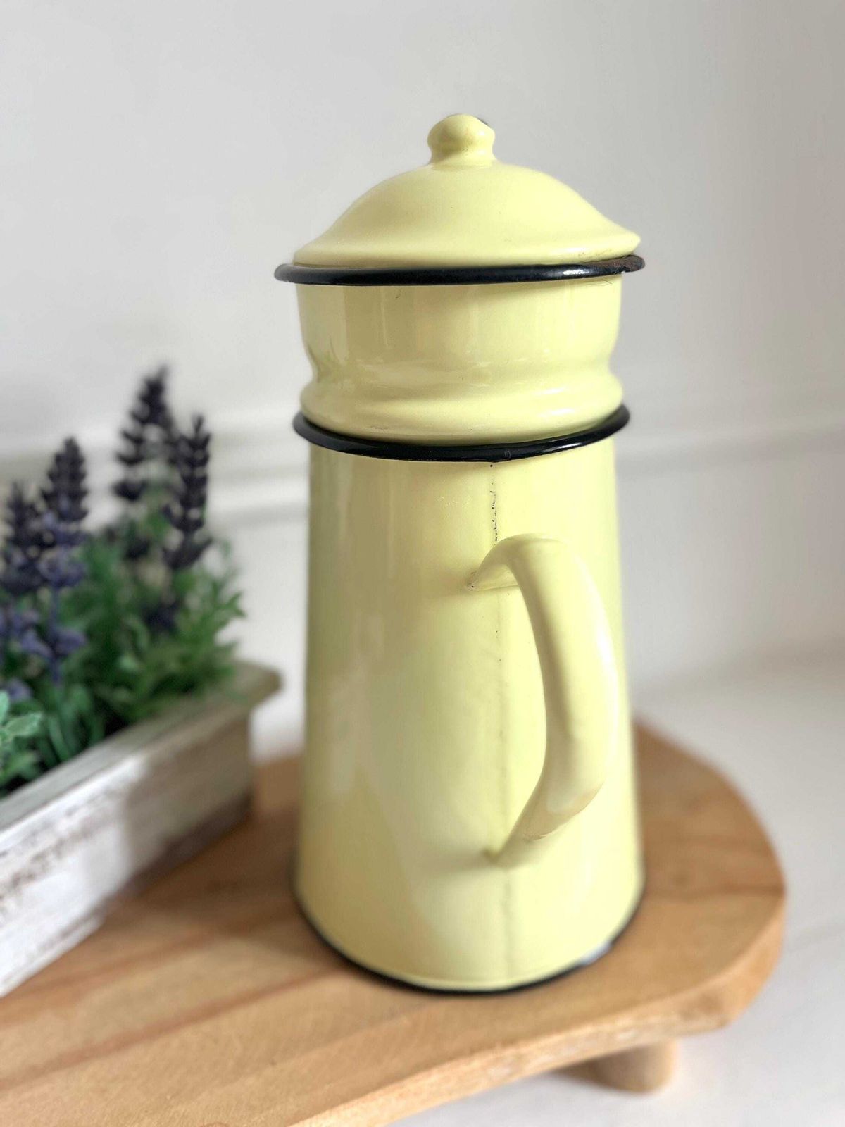 Vintage French Cream Enamel Cafetiere, Coffee Maker, Enamelware photo Home Decor