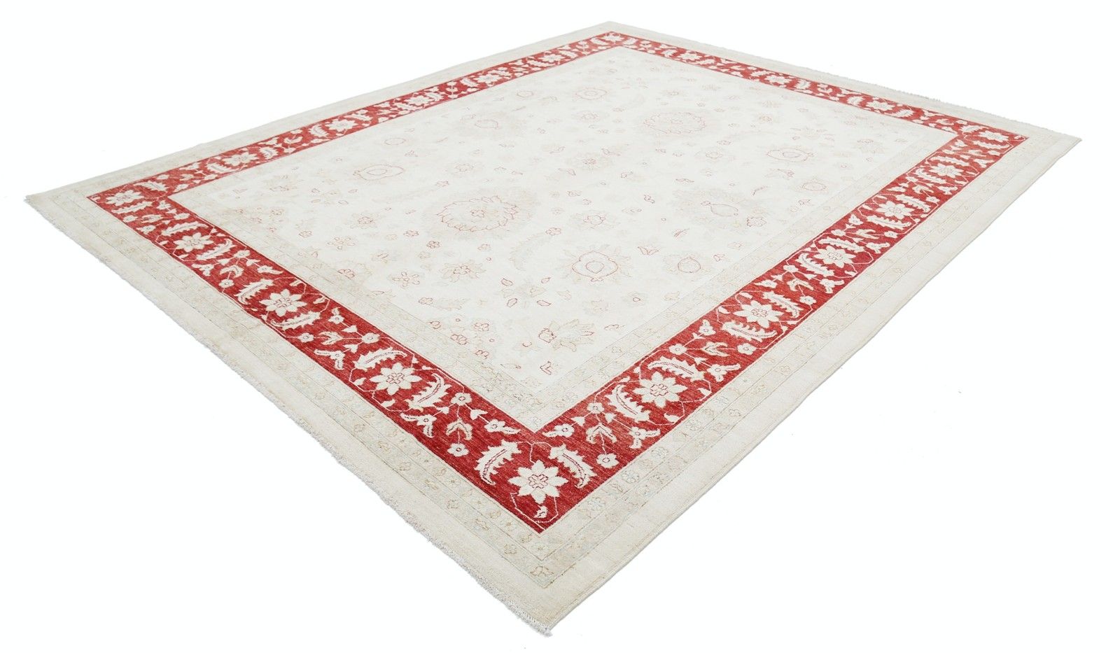 Tapis floral noué à la main 9 x 11,3 ft, ivoire et rouge, tapis traditionnel photo furniture