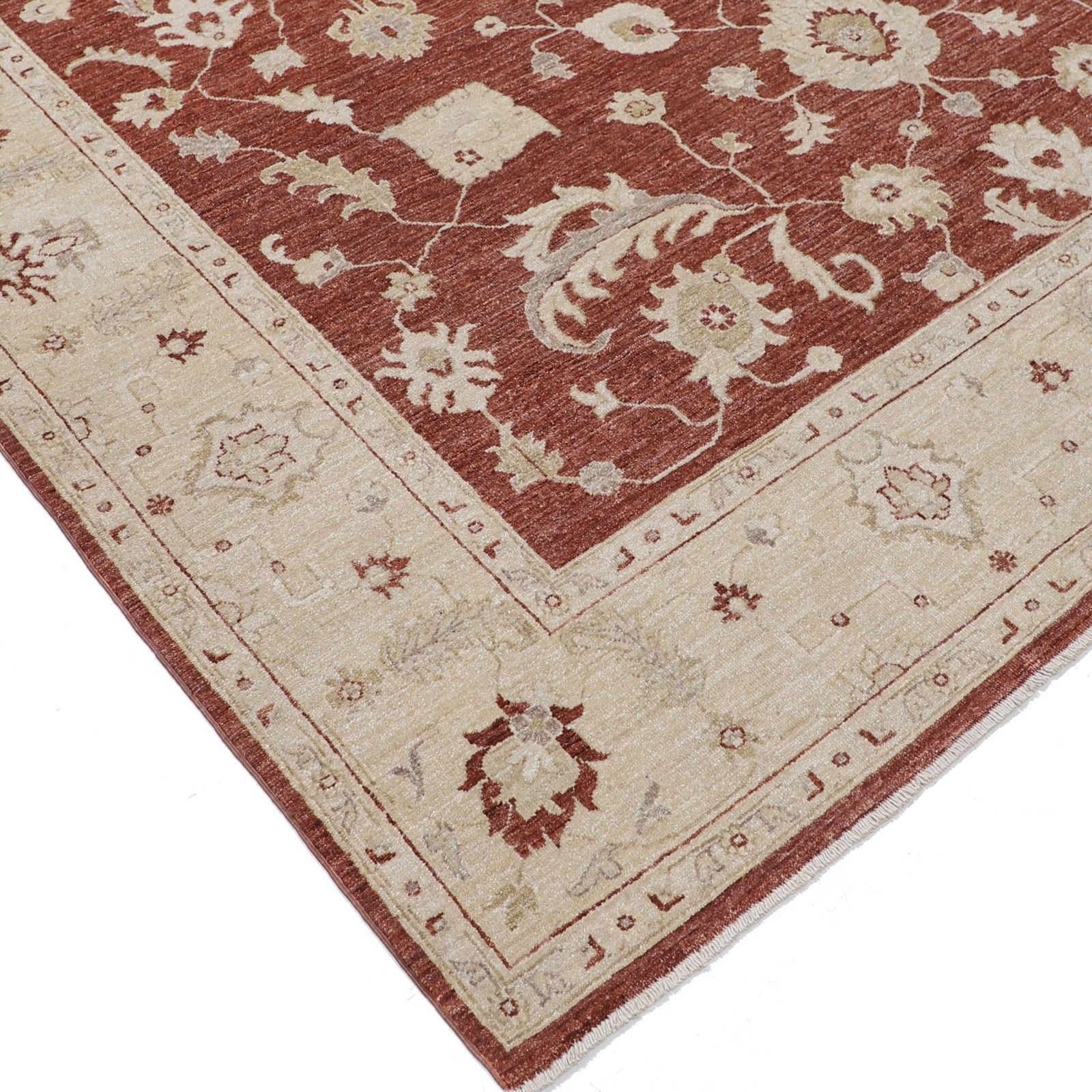 Tapis de sol turc à motifs floraux, noué à la main, champ rouge et bordure beige, 2,37 x 2,95 m photo buy