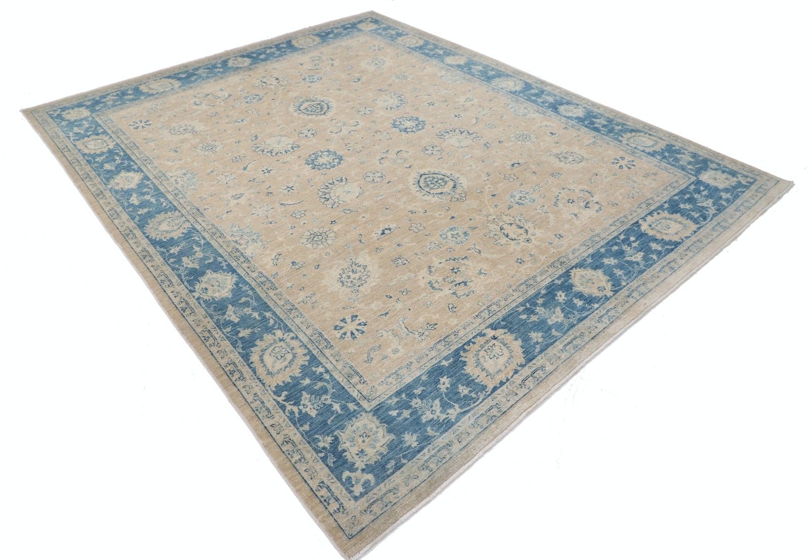 8x9.7 Ft Hand Knotted Floral Rug, Beige And Light Blue Area Rug, Oushak Carpet photo furniture