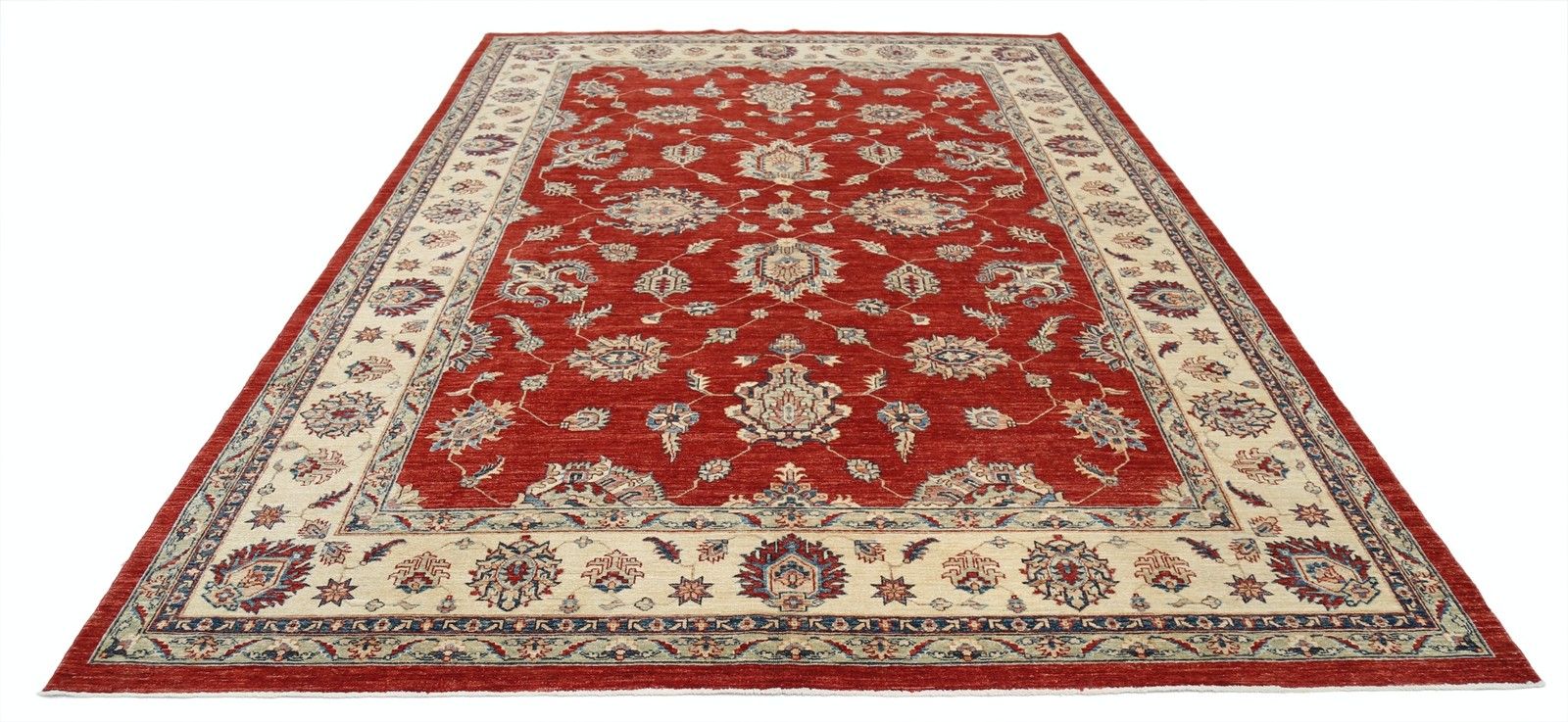 8,3x11,7 ft Handgeknoopt Rood Vloerkleed met Ivoorkleurige Rand, Traditioneel Bloemmotief photo Textiel