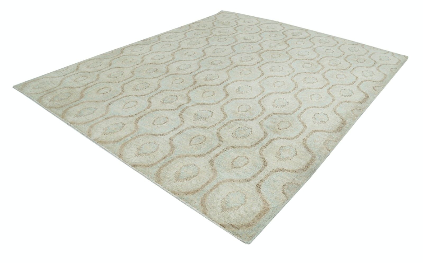 8x9,7 ft Handgeknoopt Trelliskleed in Beige en Lichtblauw. Geometrisch Wollen Tapijt photo furniture