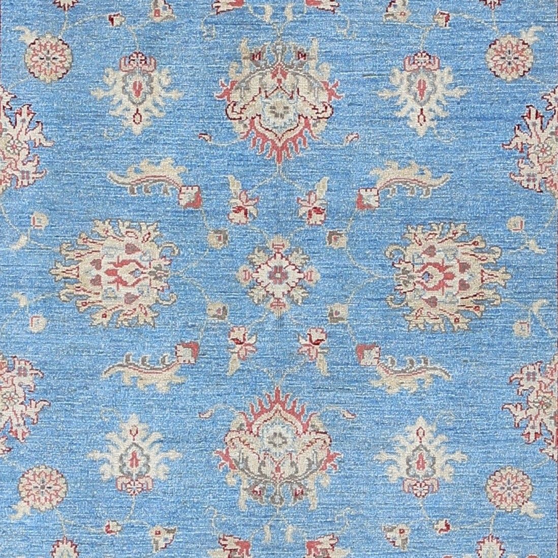 5x6,6 ft handgeknoopt bloemmotief Turks vloerkleed met blauw veld en ivoren rand photo buy