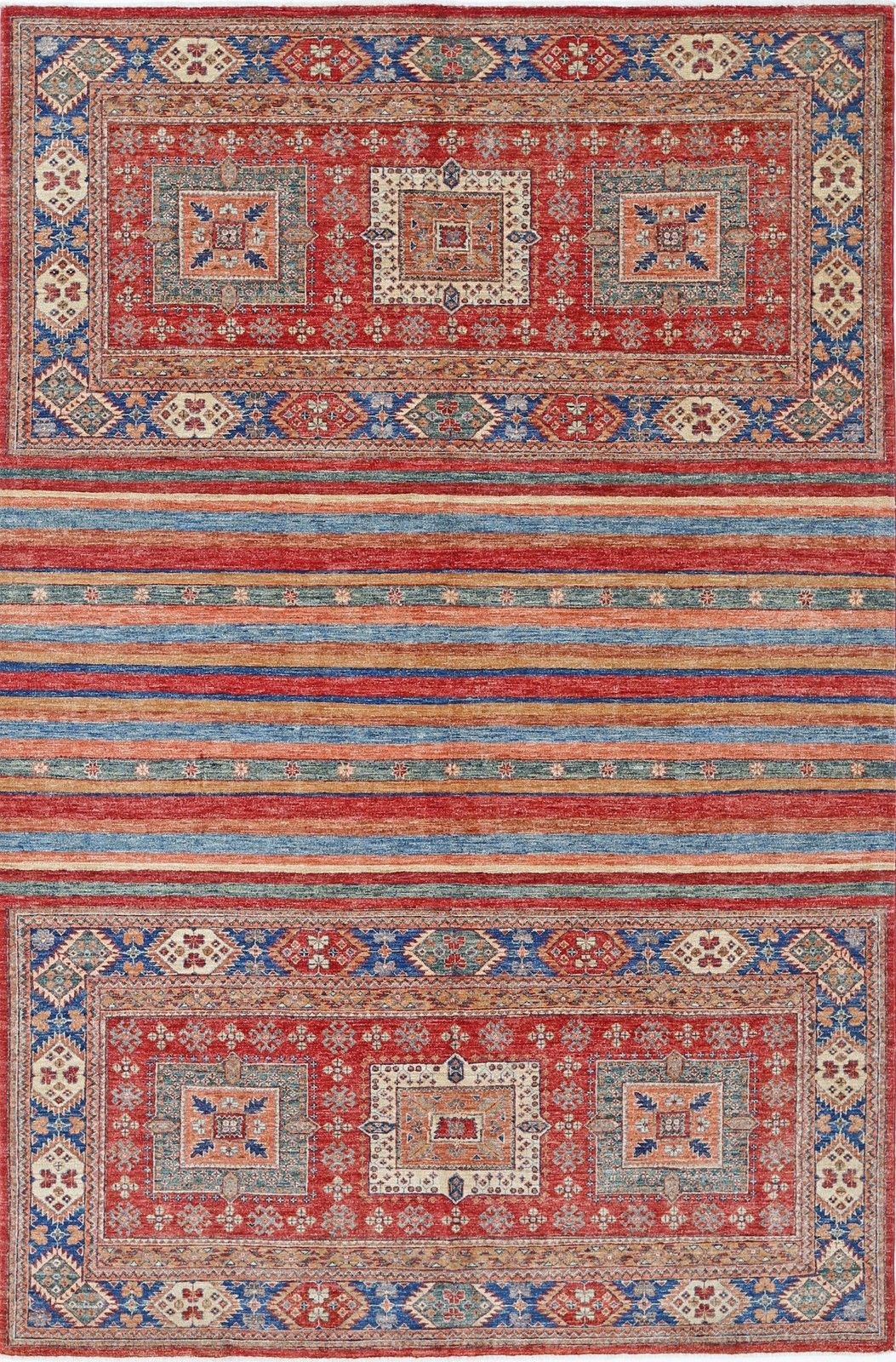 6.7x10 Ft Hand Knotted Tribal Red And Blue Area Rug, Geometric Striped Design