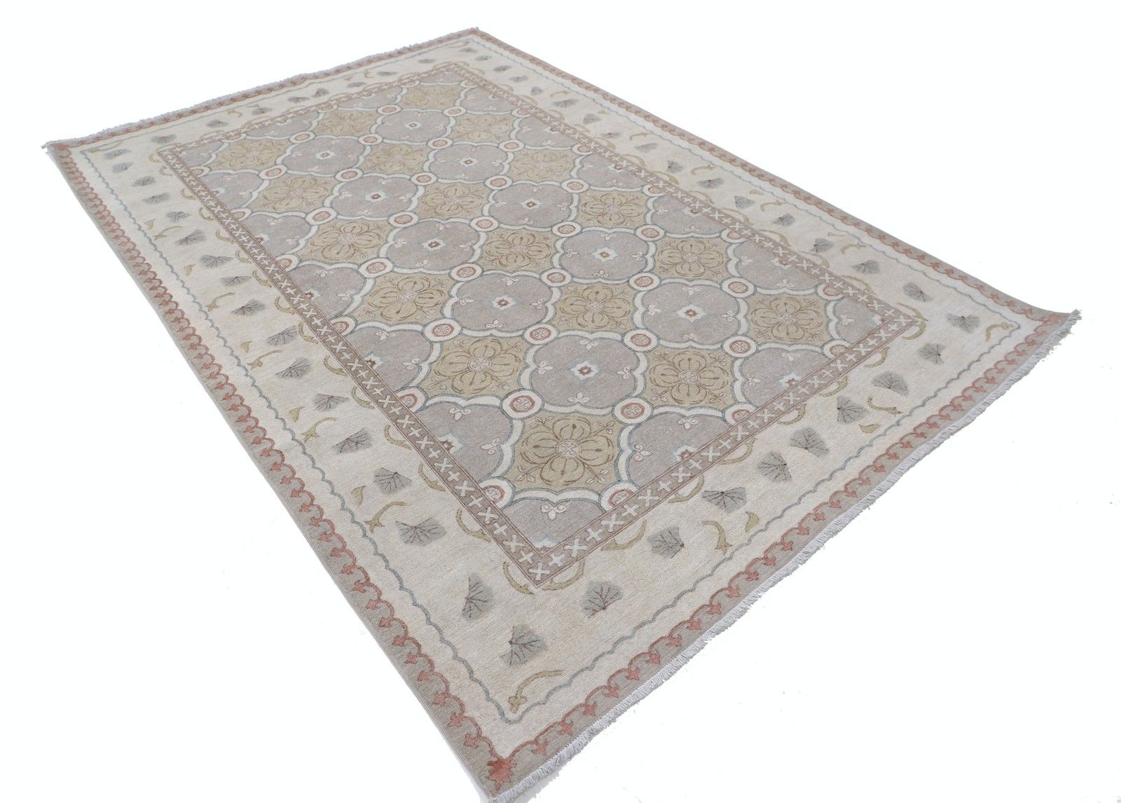 Tapis noué à la main 183 x 268 cm, ivoire, rose poudré et bleu clair, motif géométrique photo furniture
