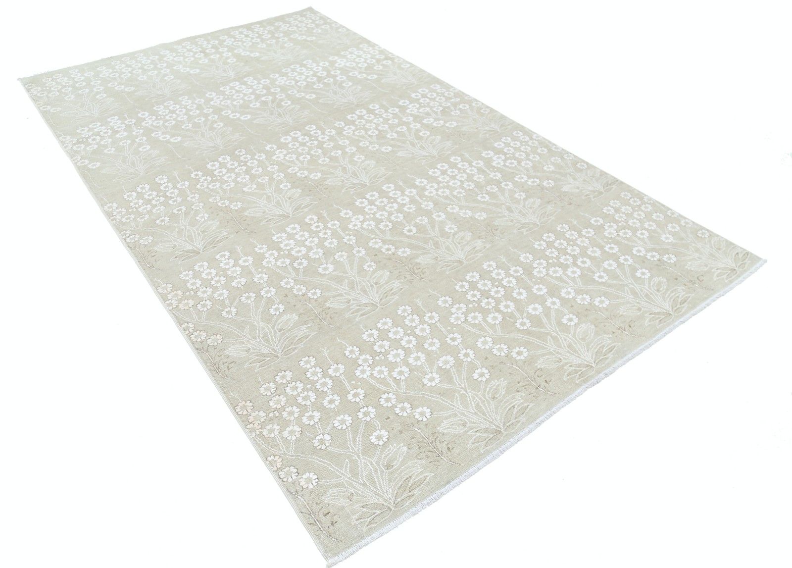5,5x9,2 ft handgeknoopt bloemenkleed, beige wollen vloerkleed, botanisch patroon tapijt photo furniture
