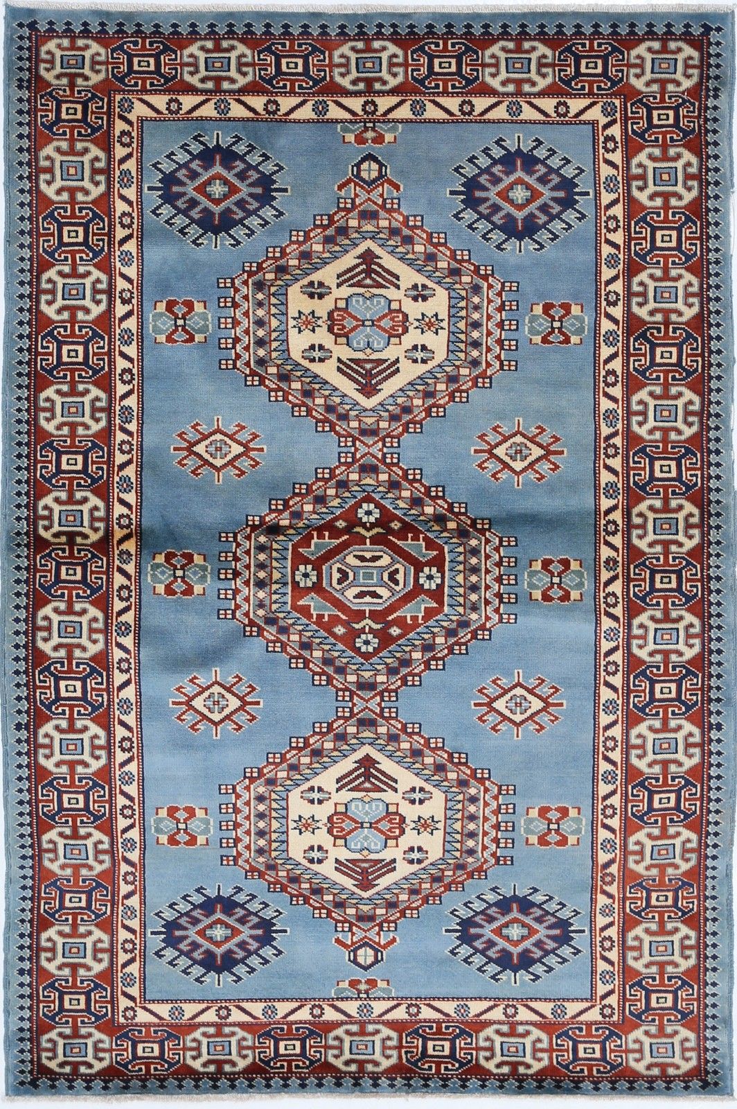 Tapis d'accent en laine noué à la main, bleu clair, rouge et ivoire, de style tribal, 97 x 145 cm