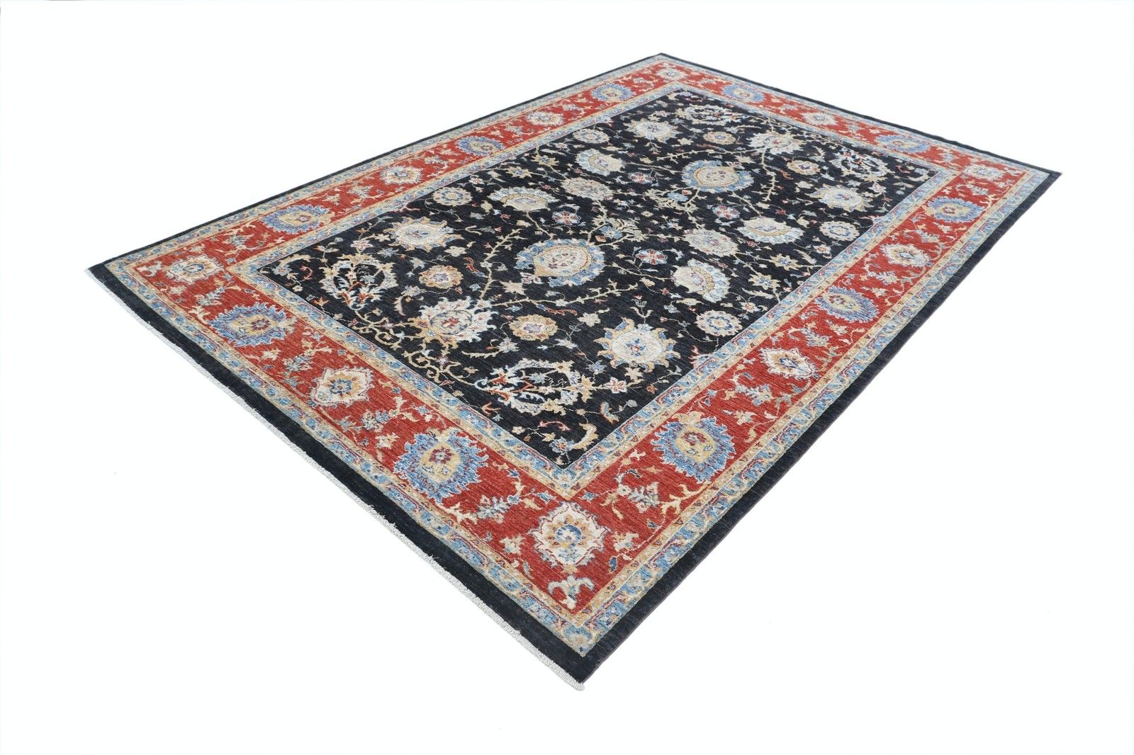 Tapis turc à motifs floraux noué à la main, fond noir et bordure rouge, 2 x 2,95 m photo for sale